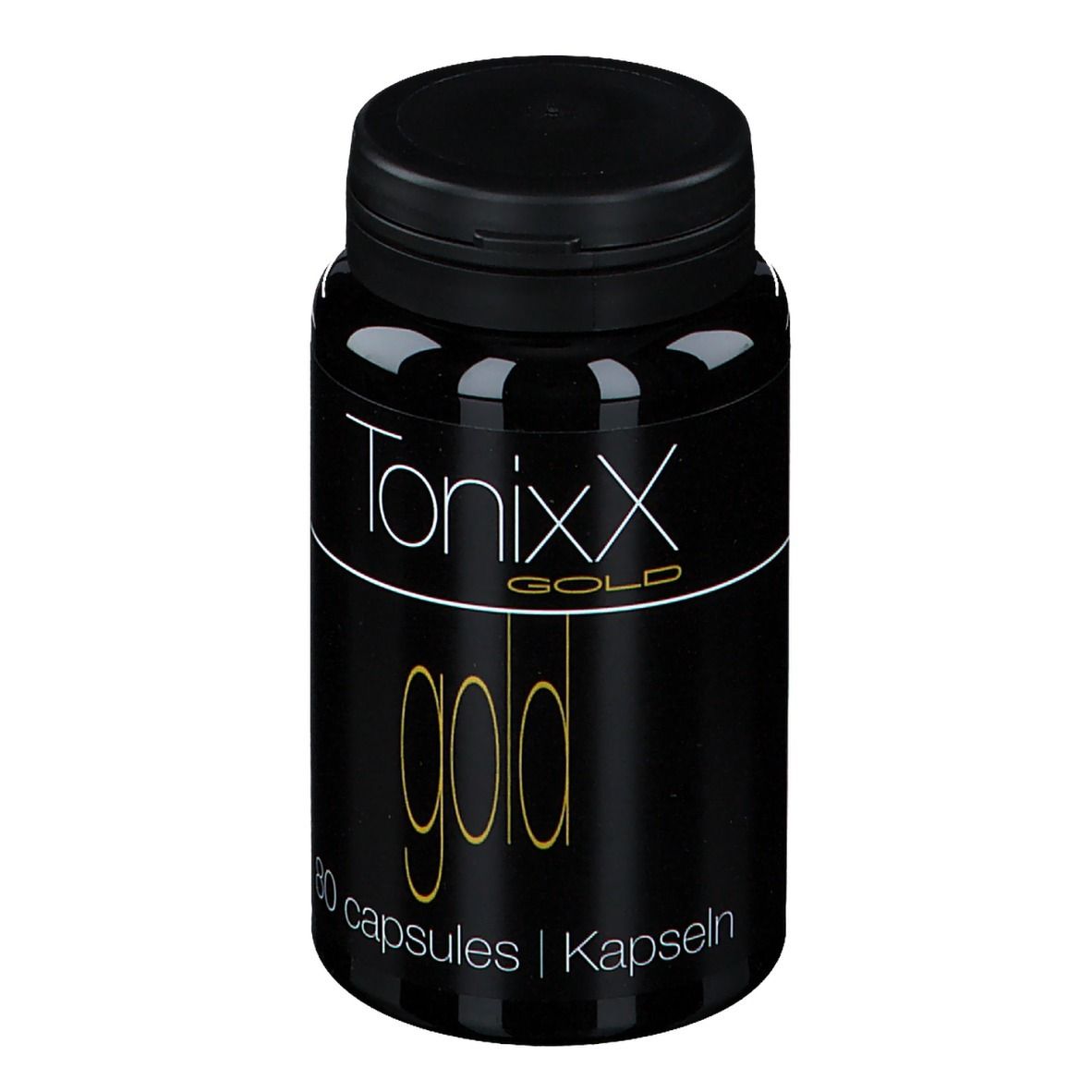 Zwarte fles met zwarte dop. Opschrift: Tonixx Gold, 80 capsules. Gouden tekst op zwarte achtergrond.