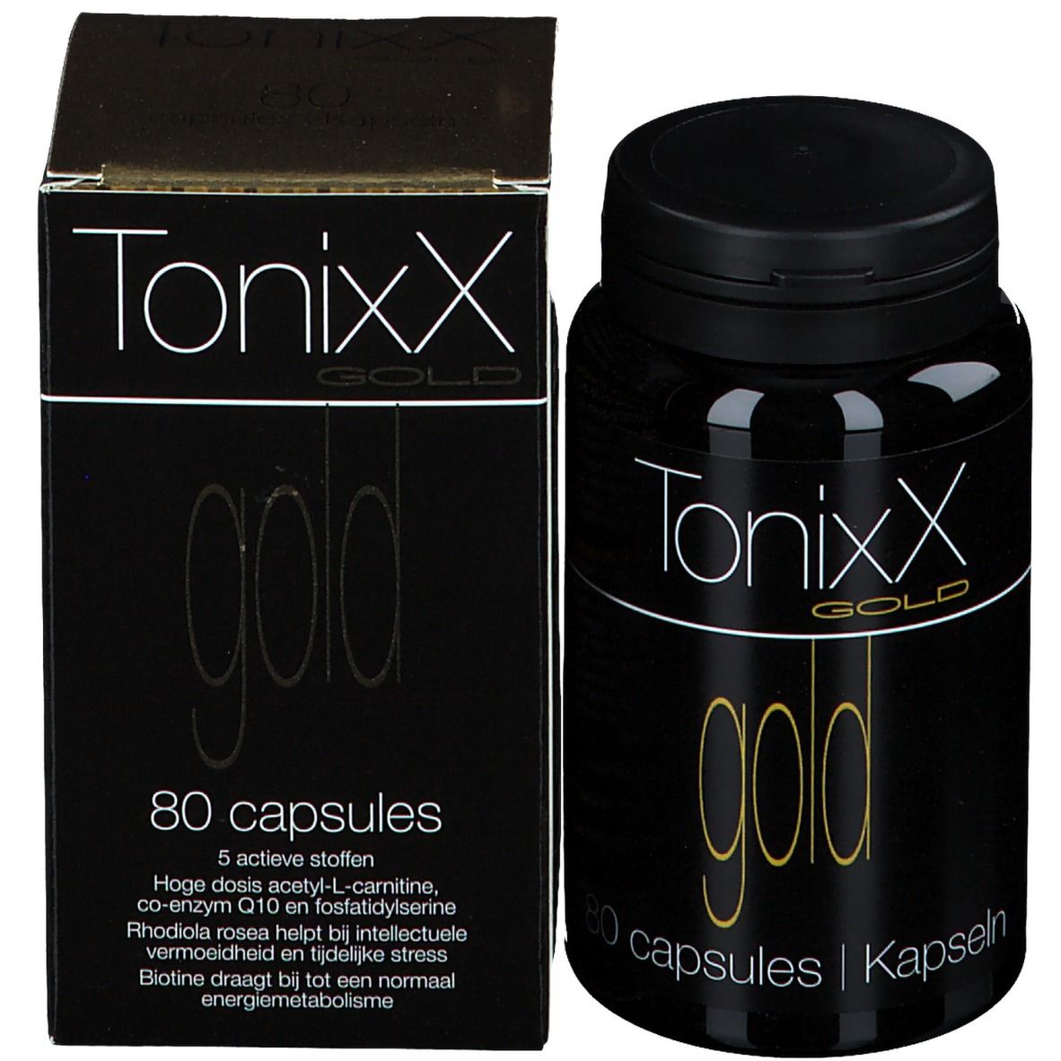 Zwarte fles en doos. Opschrift: Tonixx Gold, 80 capsules. Extra informatie op de doos.
