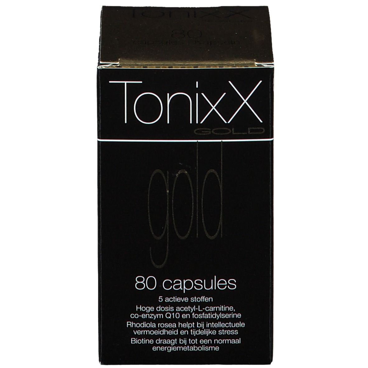 Zwarte doos. Opschrift: Tonixx Gold, 80 capsules. Extra informatie op de doos.