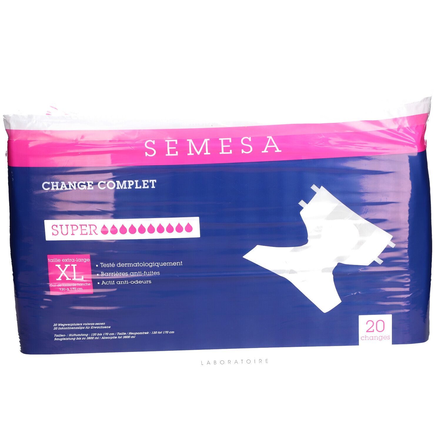 Paquet de sous-vêtements d'incontinence SEMESA SUPER XL. Contient 20 unités. Inscription "CHANGE COMPLET". Testé dermatologiquement.