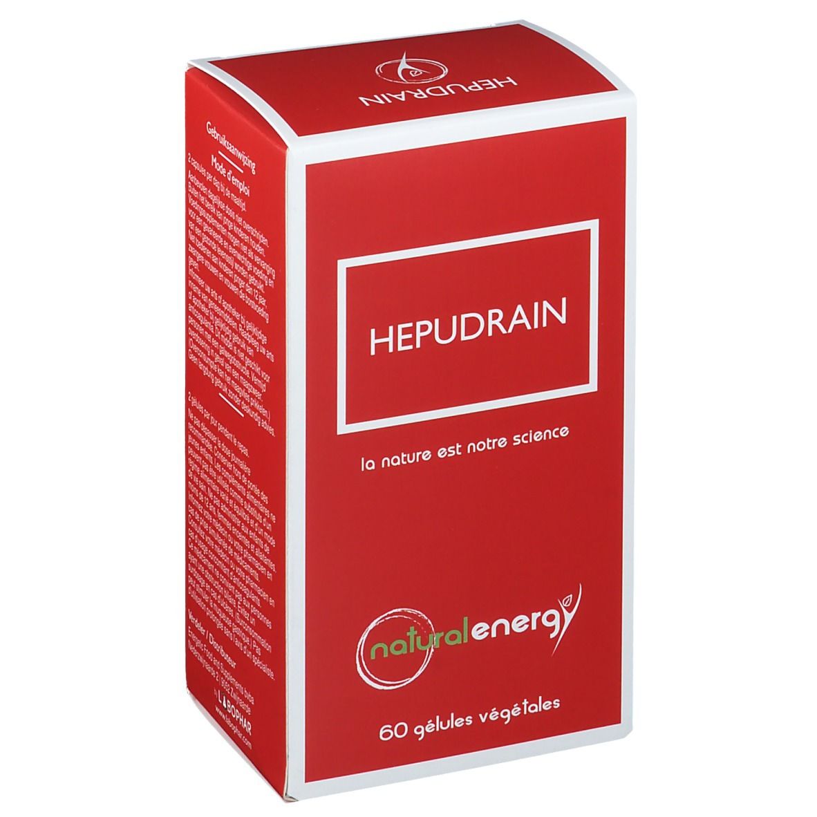 Boîte rouge avec le nom HEPUDRAIN en blanc. En dessous, "la nature est notre science". En bas, "60 gélules végétales". Logo Natural Energy.