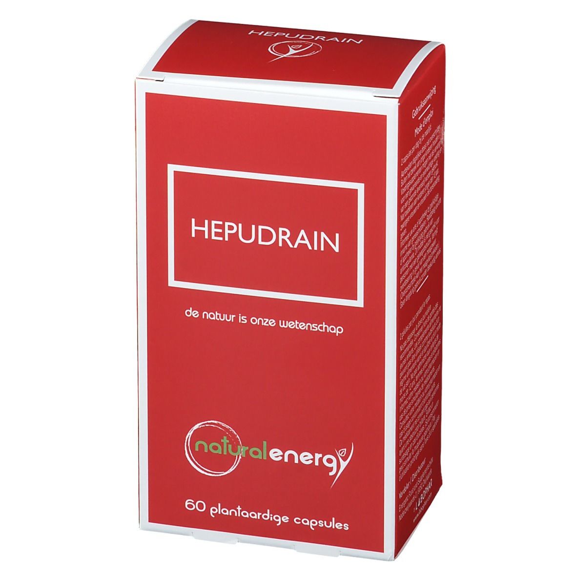 Boîte rouge avec le nom HEPUDRAIN en blanc. En dessous, "de natuur is onze wetenschap". En bas, "60 plantaardige capsules". Logo Natural Energy.