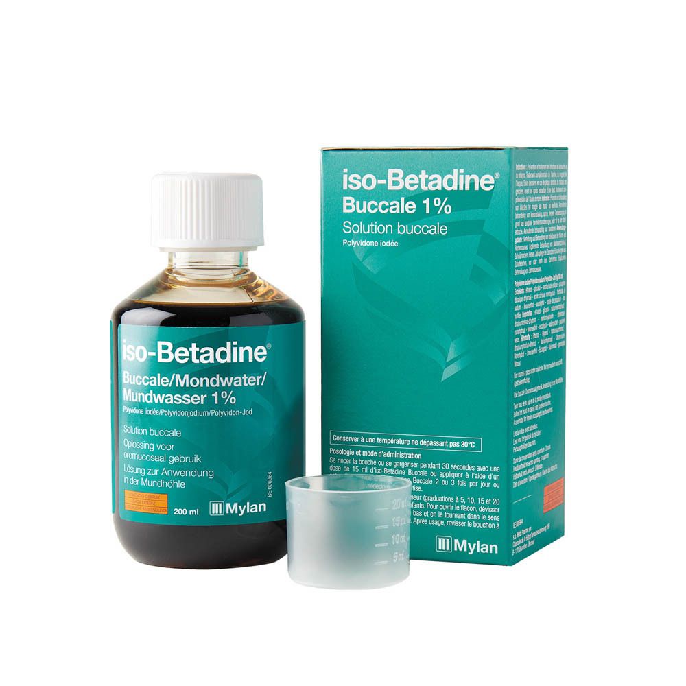 Flacon, gobelet et boîte de liquide brun. Étiquette : iso-Betadine Buccale 1%.