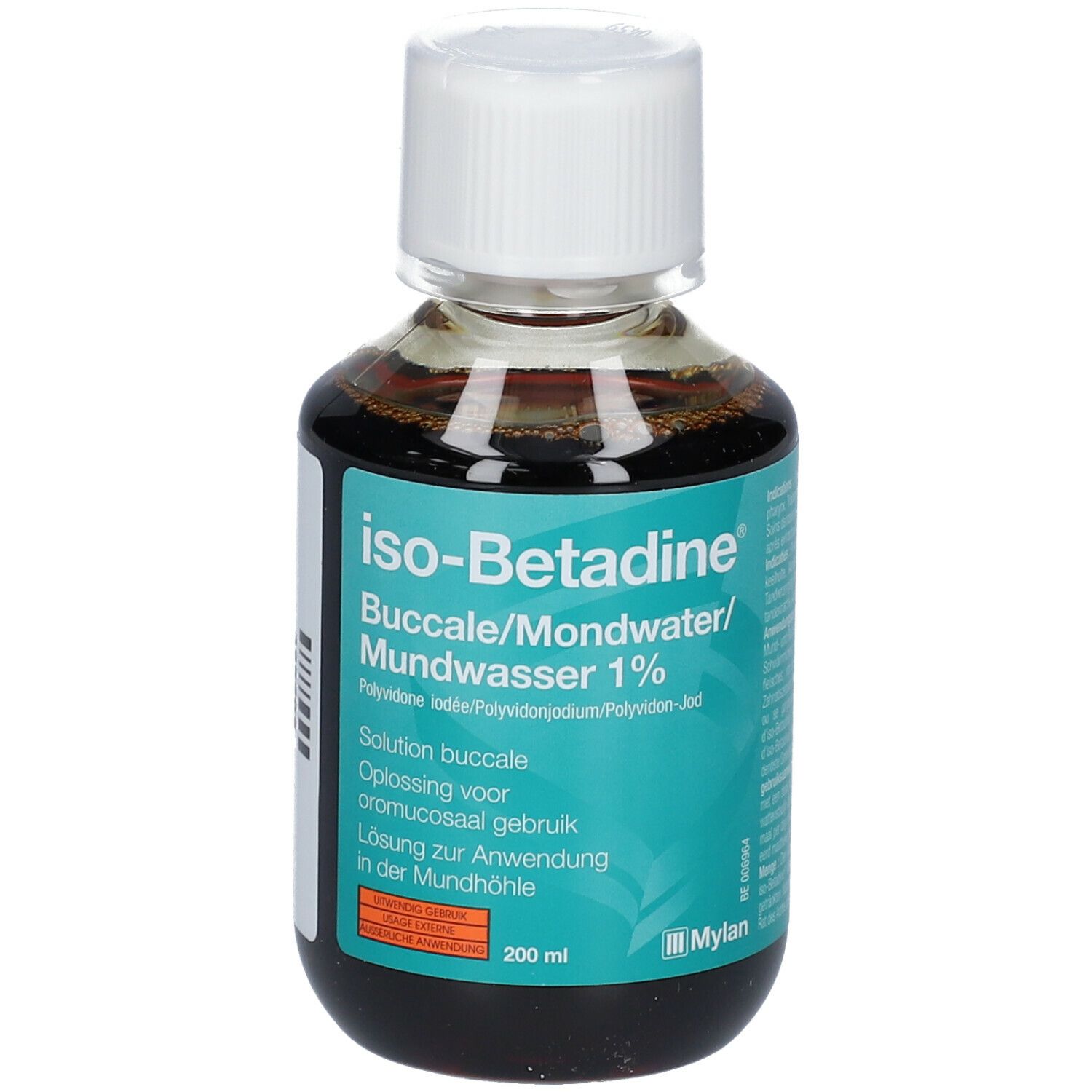 Flacon de liquide brun avec bouchon blanc. Étiquette : iso-Betadine Buccale/Mundwasser 1%.