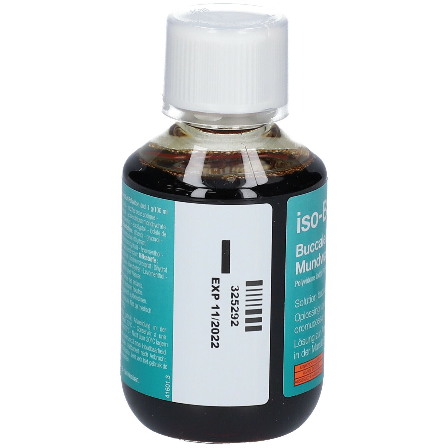 Dos de la bouteille de liquide brun. Étiquette avec code-barres et date d'expiration : EXP 11/2022.