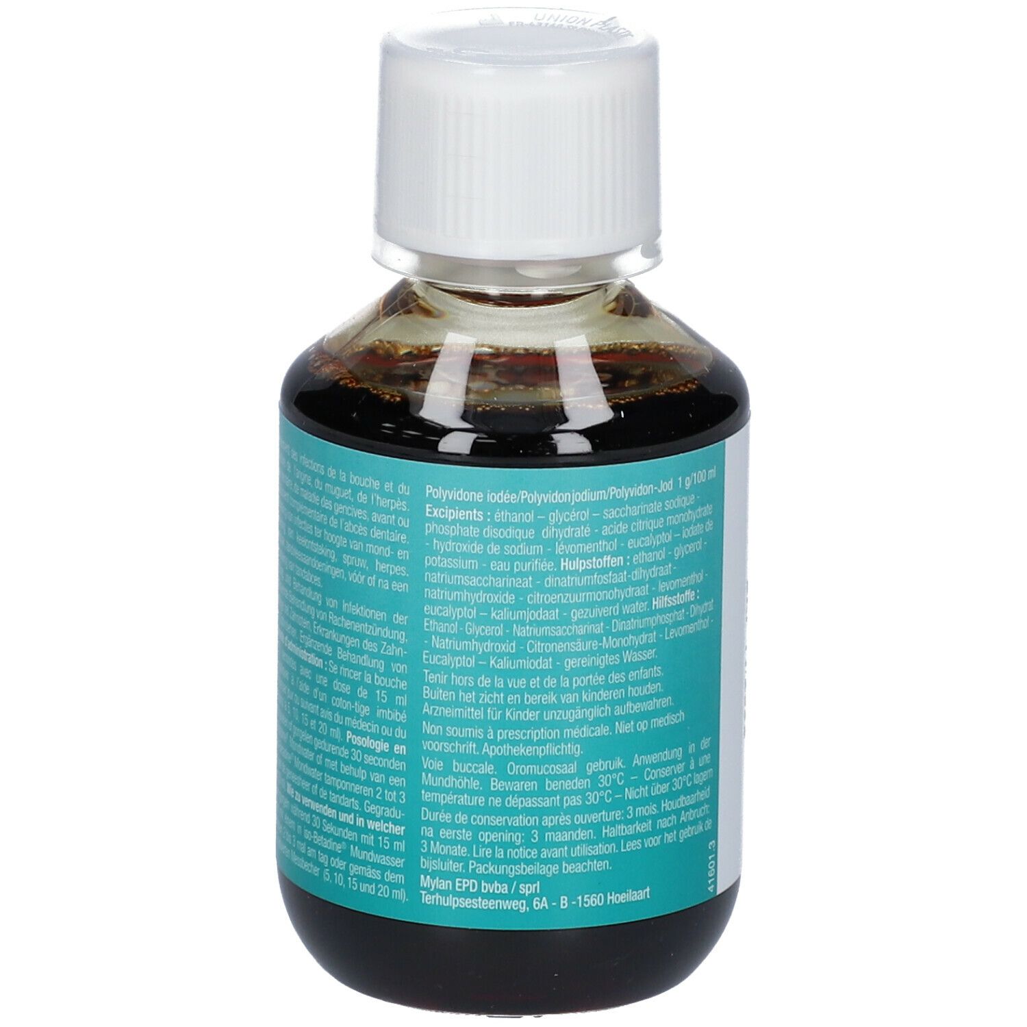 Dos de la bouteille de liquide brun. Texte multilingue. Ingrédients et instructions d'utilisation.