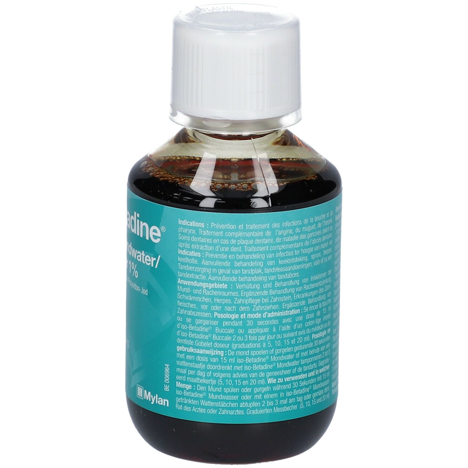 Dos de la bouteille de liquide brun. Texte multilingue. Instructions d'utilisation et avertissements.