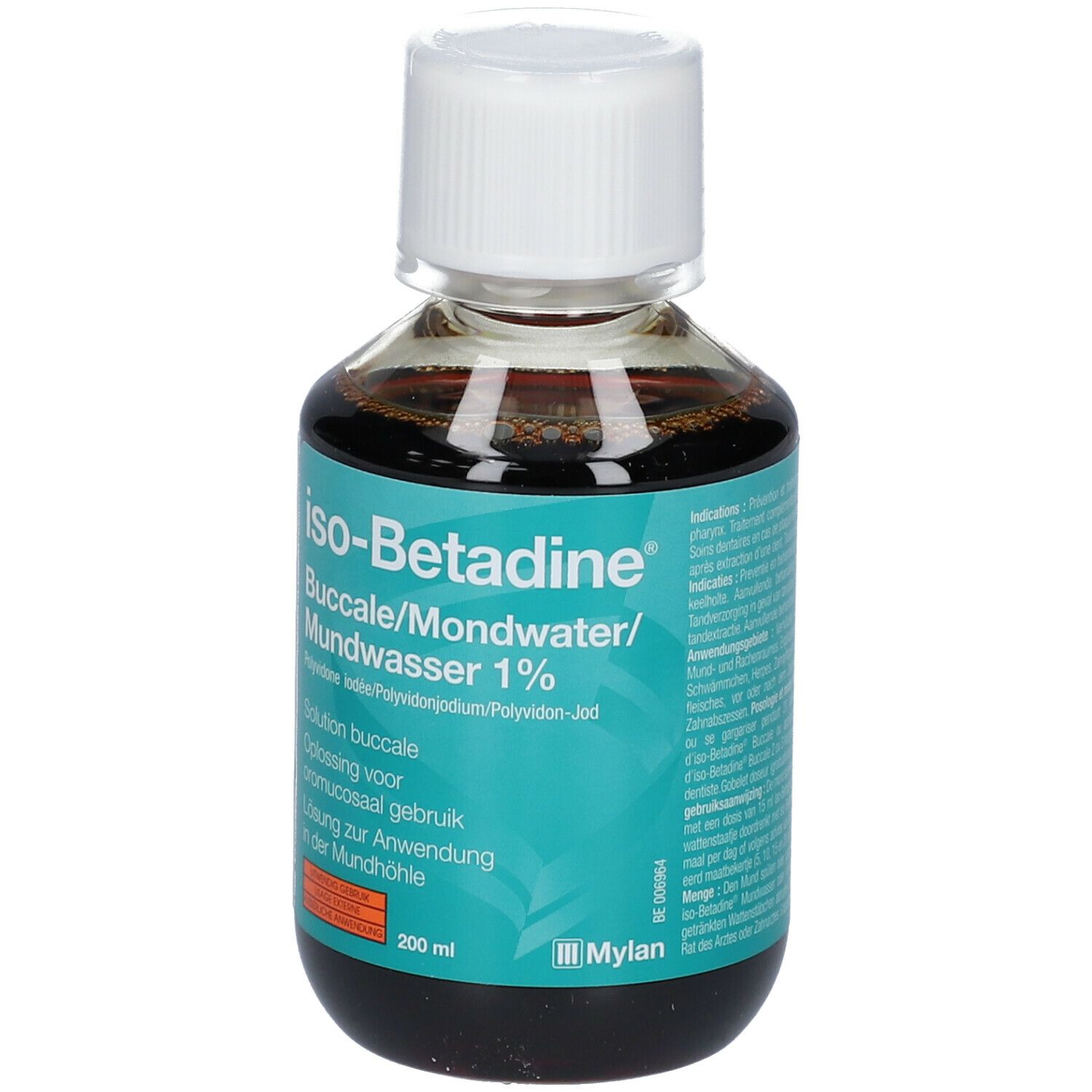 Flacon de liquide brun avec bouchon blanc. Étiquette : iso-Betadine Buccale/Mundwasser 1%.