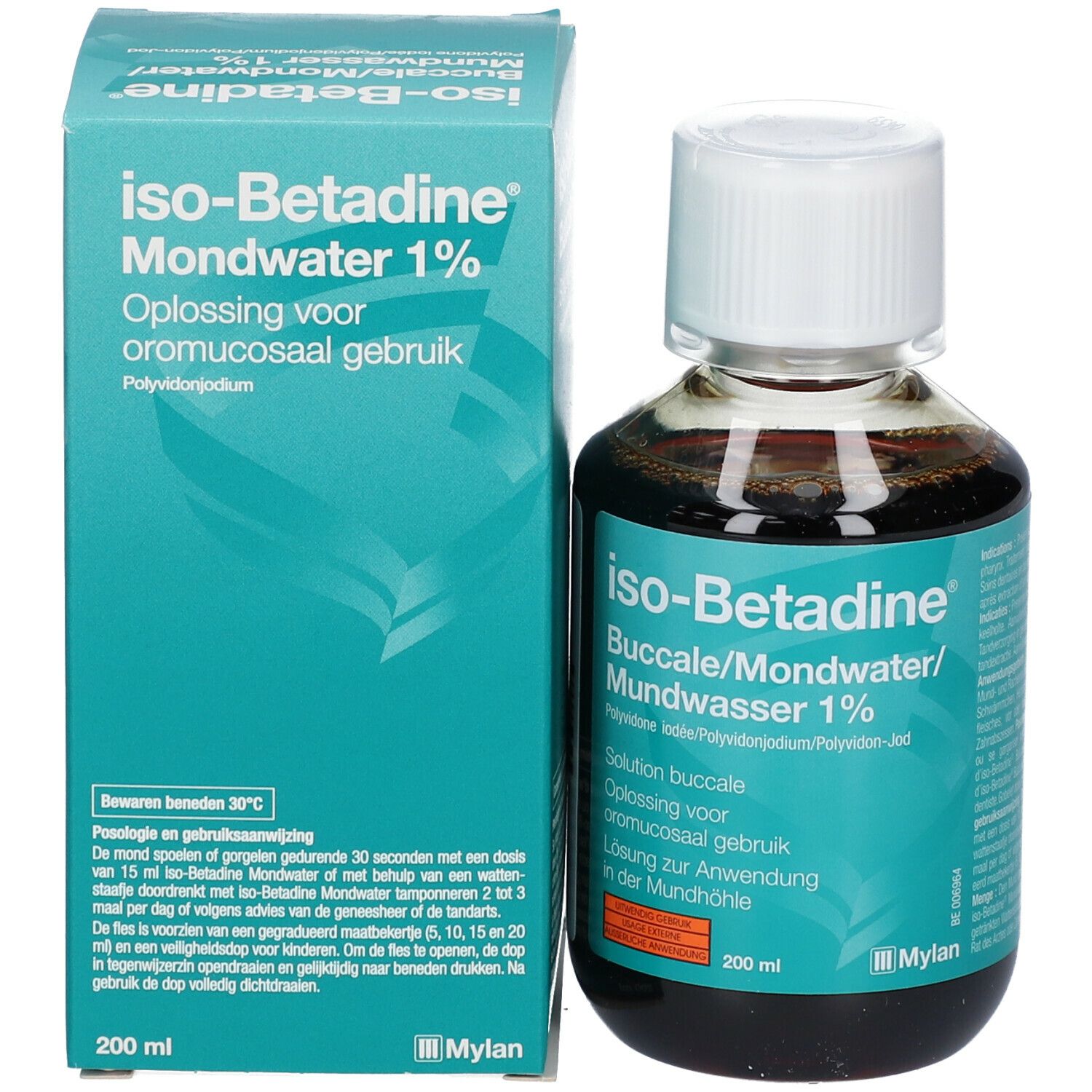 Flacon et boîte de liquide brun. Étiquette : iso-Betadine Mundwasser 1%.