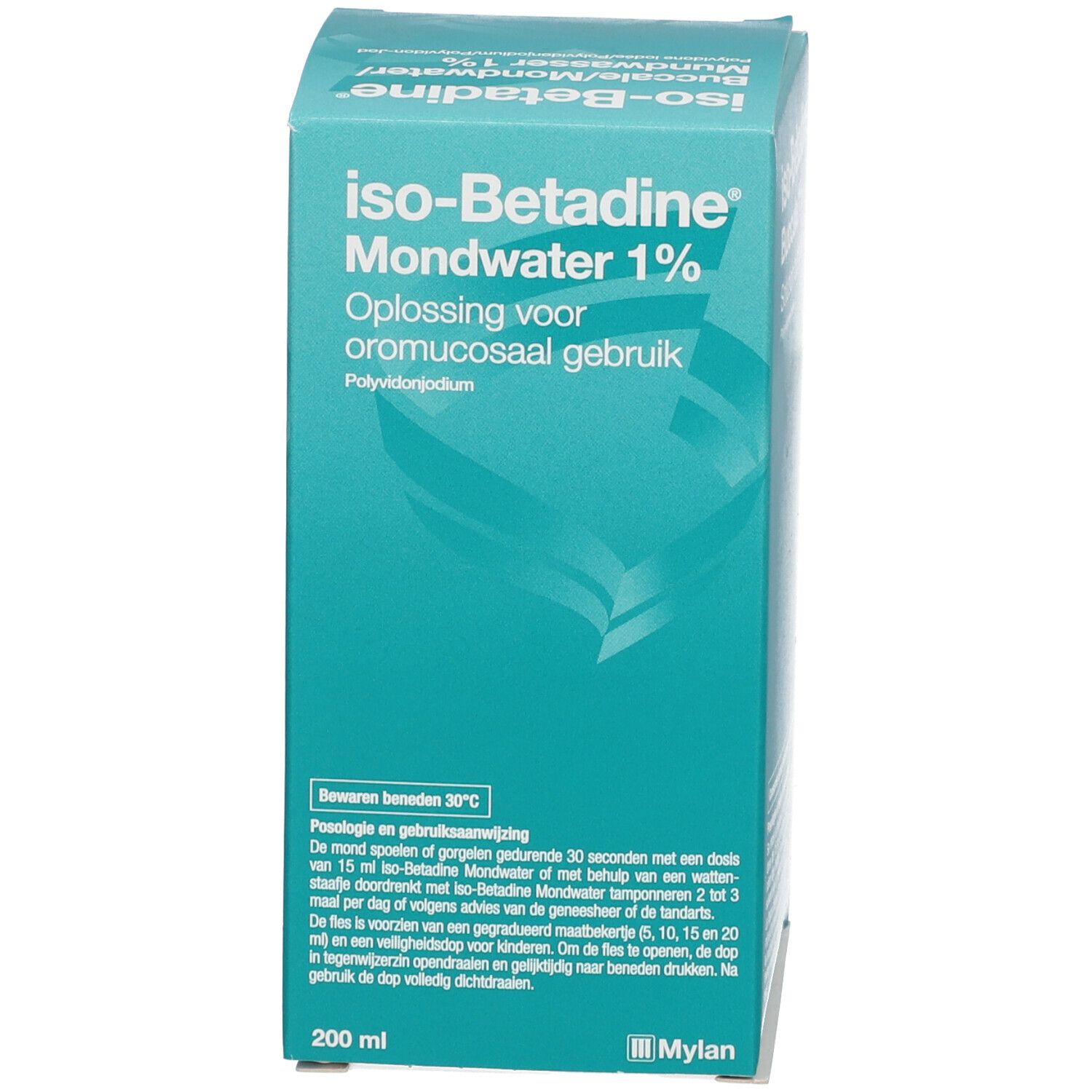 Boîte de liquide brun. Étiquette : iso-Betadine Mundwasser 1%.