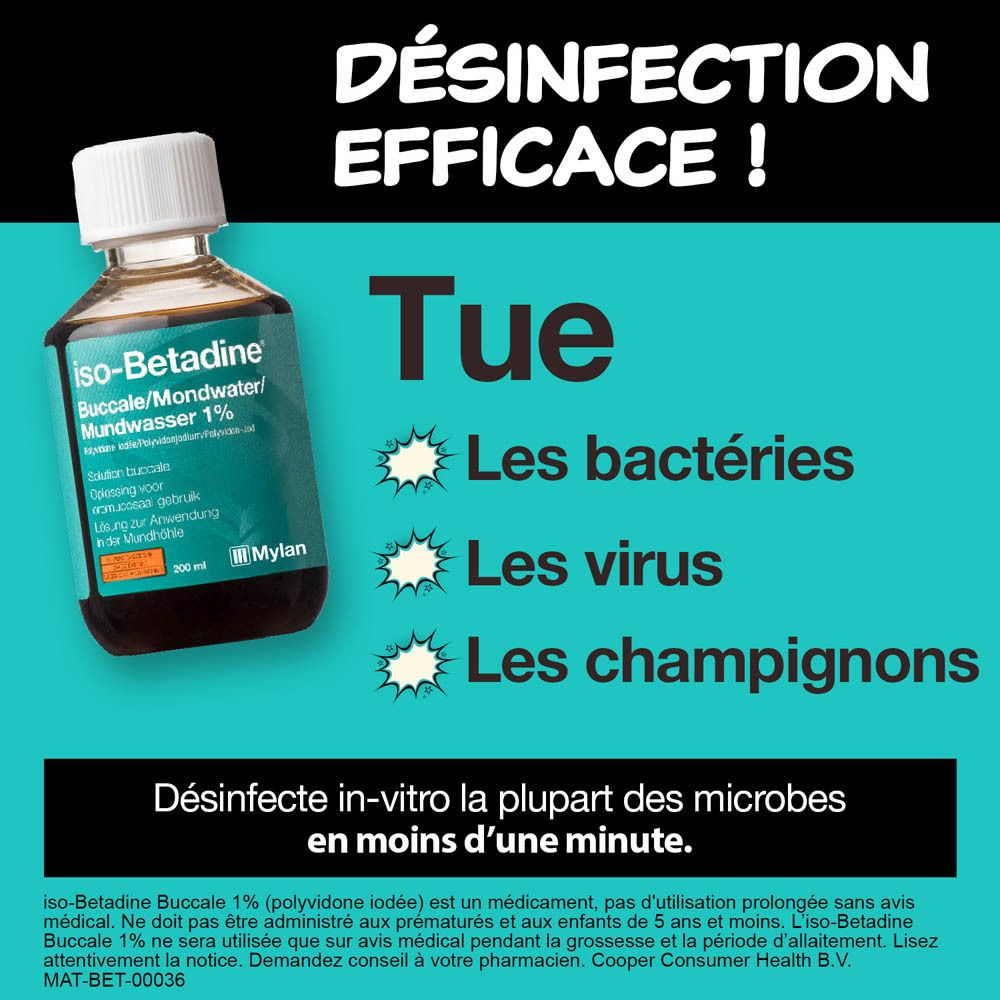 Visuel publicitaire avec flacon. Texte : Désinfection efficace ! Tue les bactéries, virus, champignons.