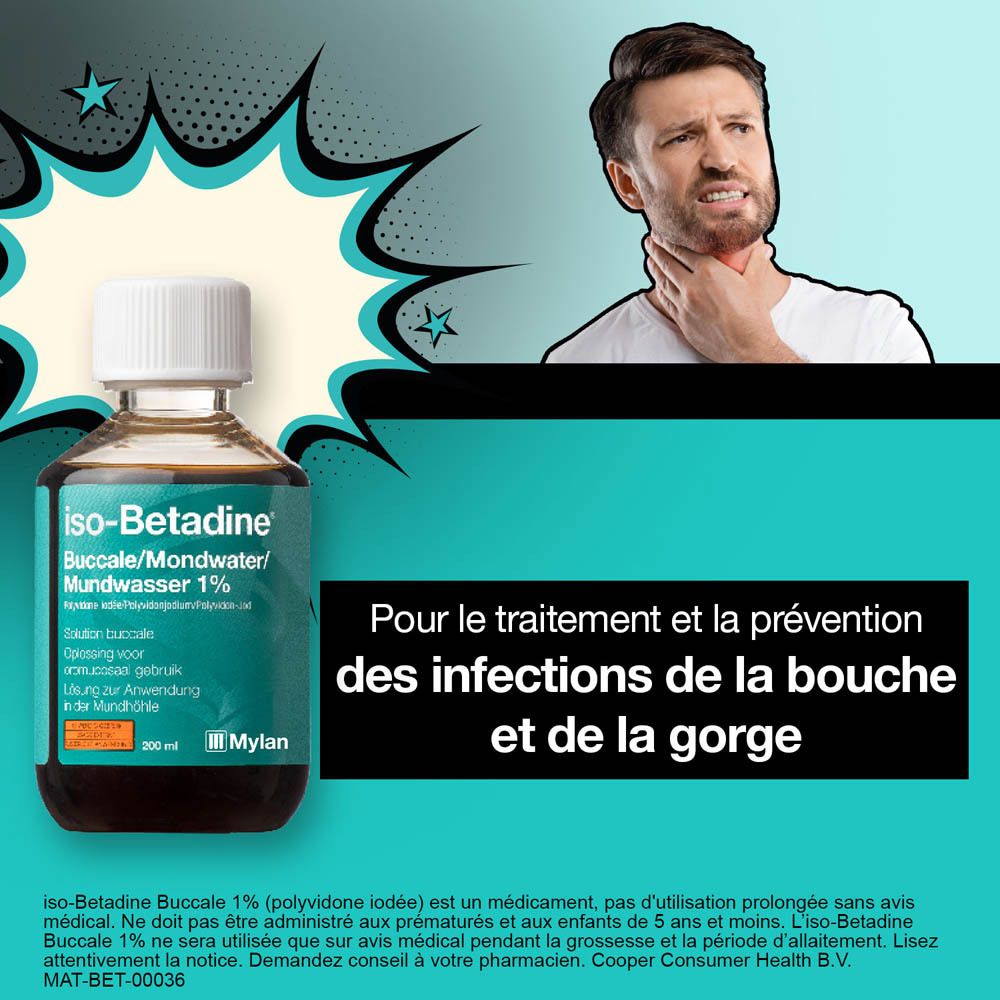 Visuel publicitaire avec flacon et homme avec mal de gorge. Texte : Pour le traitement des infections de la bouche et de la gorge.