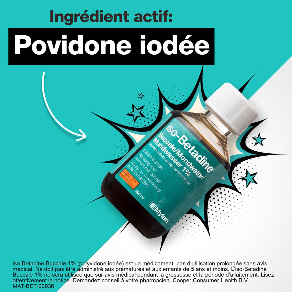 Visuel publicitaire avec flacon. Texte : Ingrédient actif : Povidone iodée.