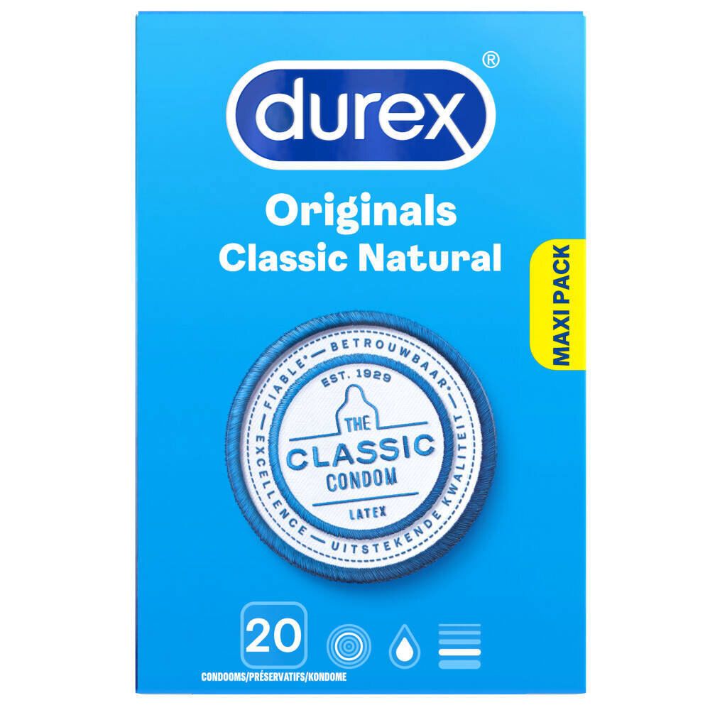 Blauwe verpakking van Durex® Originals Classic Natural. Bevat 20 condooms. Maxi Pack.