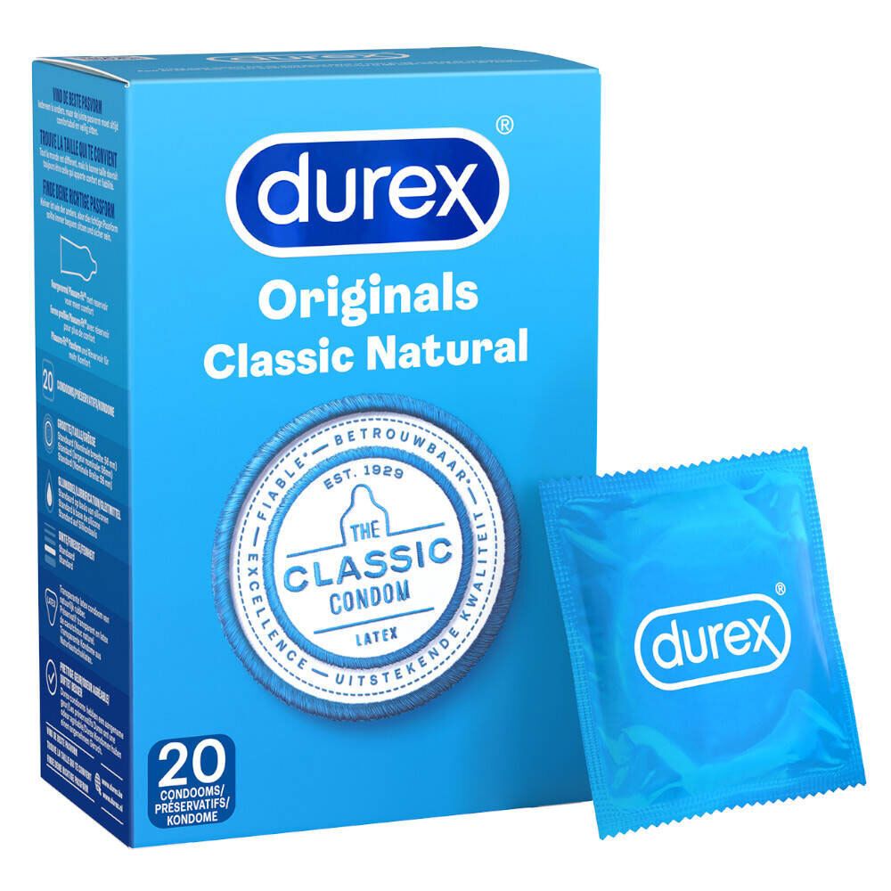 Durex® Originals Classic Natural verpakking met een individueel condoom. Blauwe verpakking.