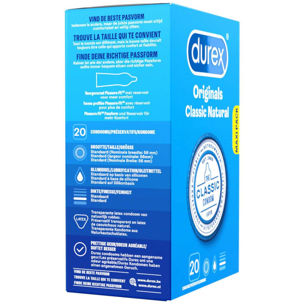 Achterkant van de Durex® Originals Classic Natural verpakking. Bevat informatie en details.