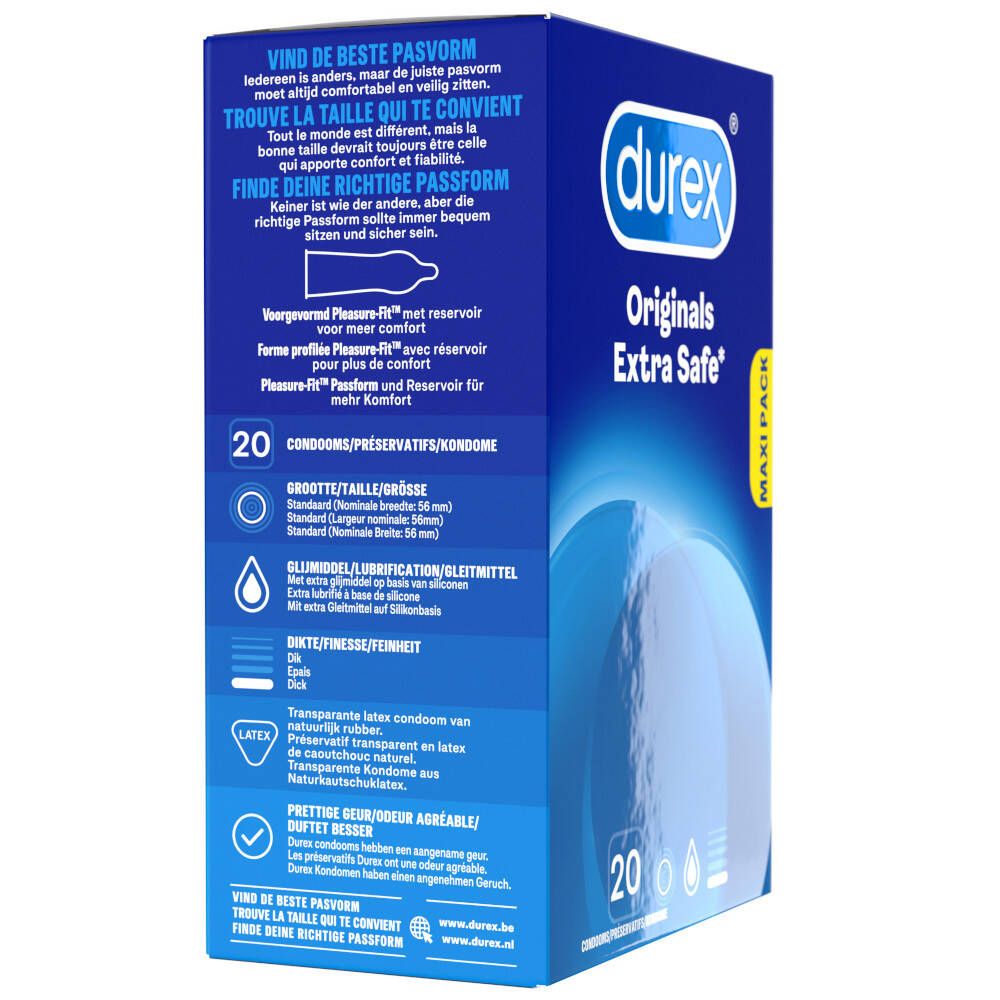 Blaue Verpackung mit Text in mehreren Sprachen. Enthält 20 Kondome. 'durex Originals Extra Safe'.