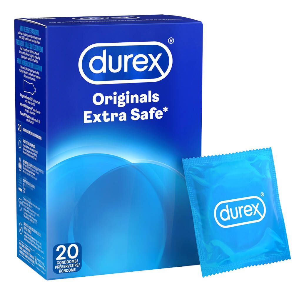 Blaue Verpackung 'durex Originals Extra Safe' mit 20 Kondomen und einem einzelnen Kondom.