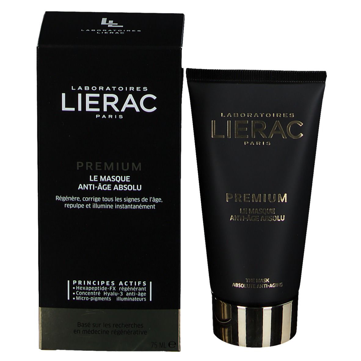 Schwarze Schachtel und Tube. Aufschrift: LIERAC PARIS PREMIUM. Text: LE MASQUE ANTI-ÂGE ABSOLU. 75 ml.