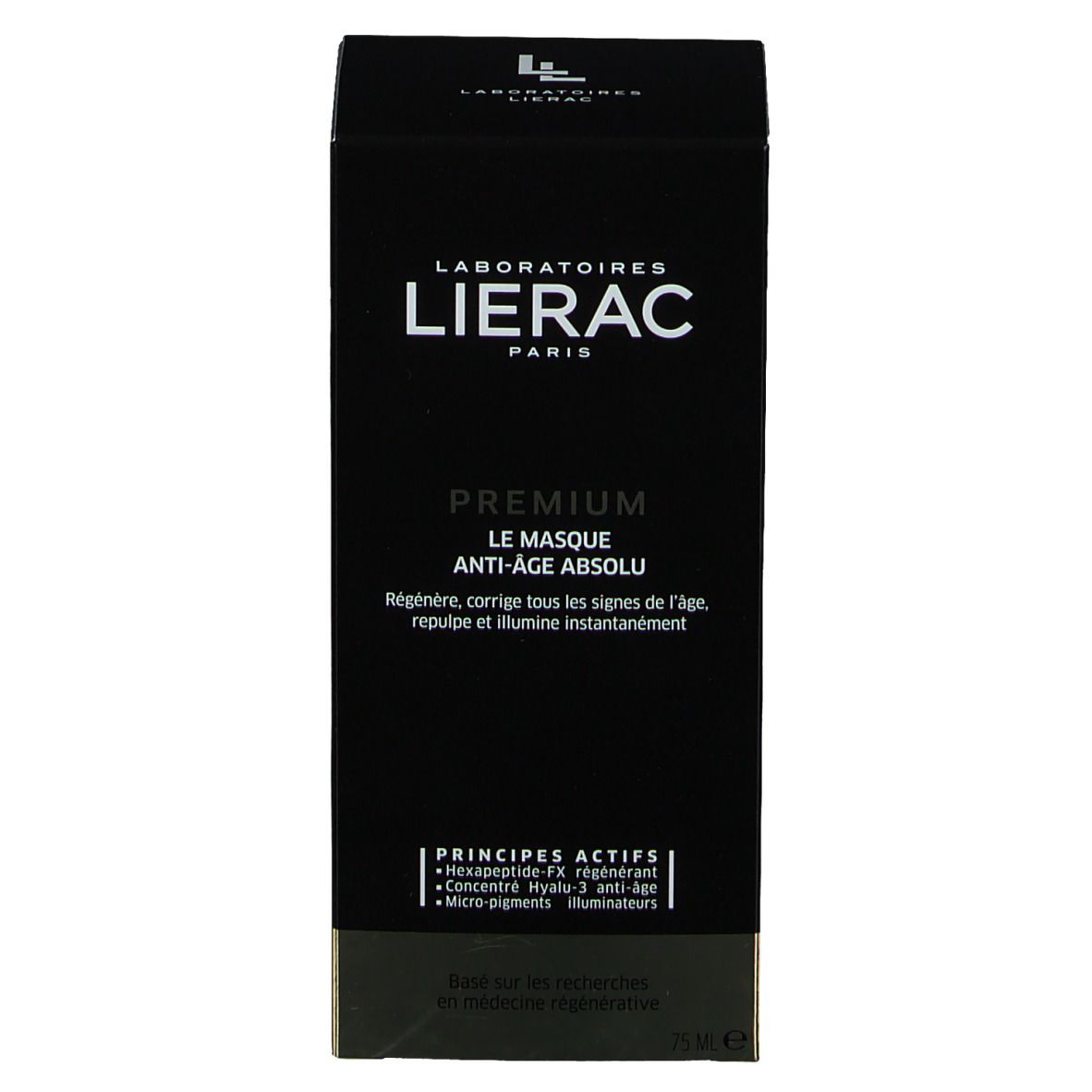 Schwarze Schachtel. Aufschrift: LIERAC PARIS PREMIUM. Text: LE MASQUE ANTI-ÂGE ABSOLU. 75 ml.