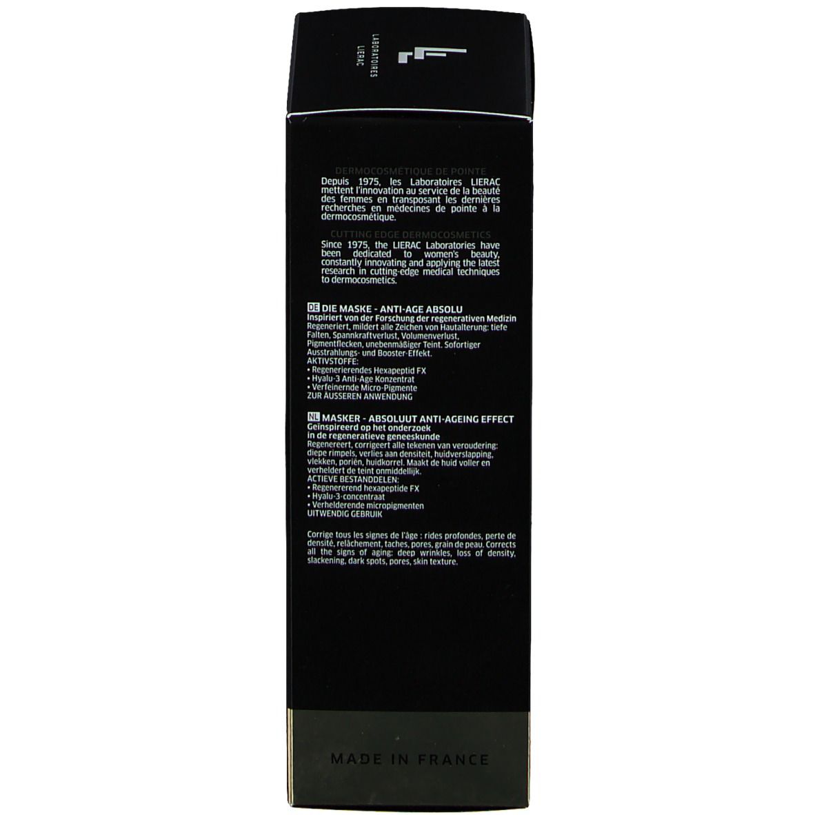 Schwarze Schachtel. Text in mehreren Sprachen. Aufschrift: LIERAC. Text: DIE MASKE ANTI-AGE ABSOLU.
