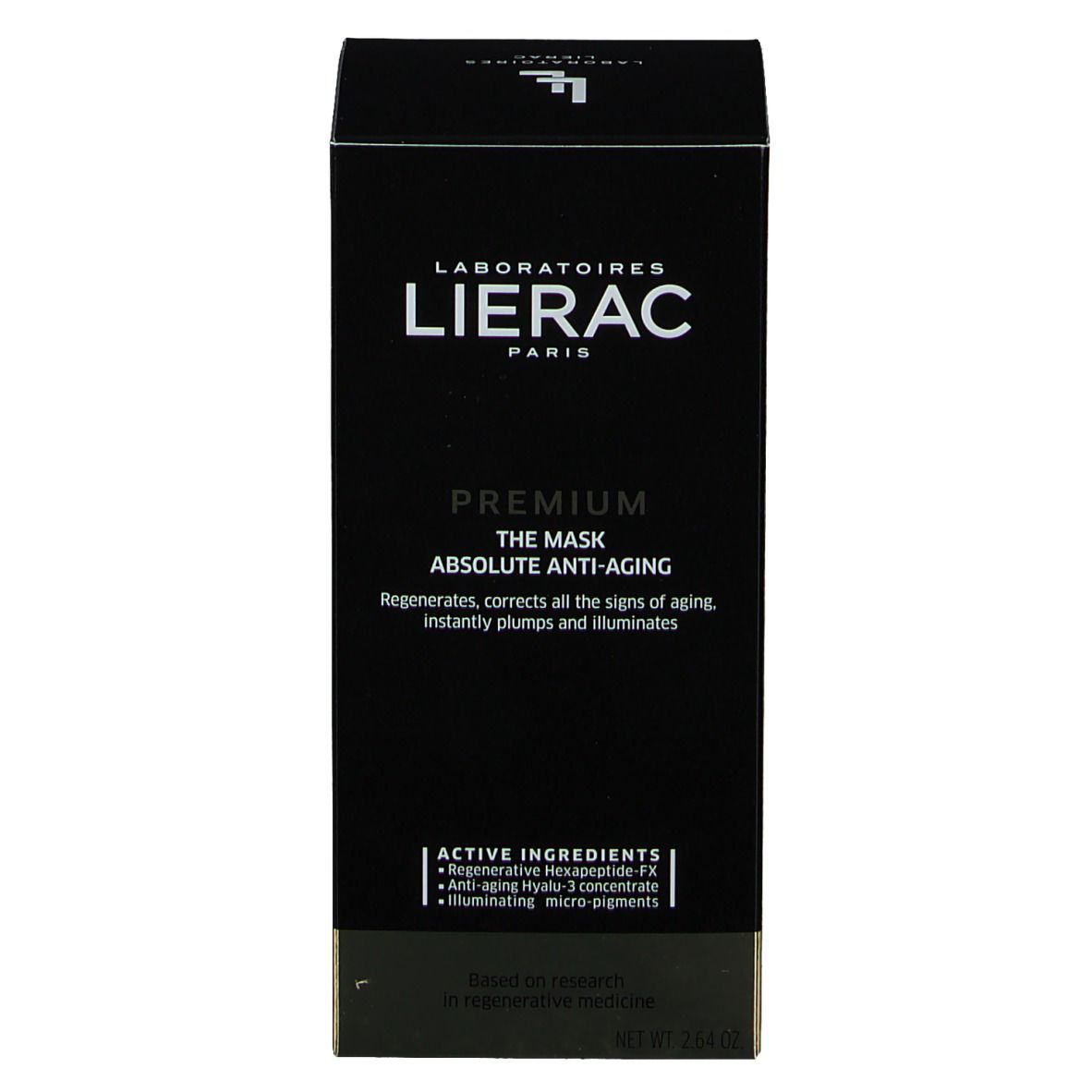 Schwarze Schachtel. Text in Englisch. Aufschrift: LIERAC PREMIUM. Text: THE MASK ABSOLUTE ANTI-AGING.