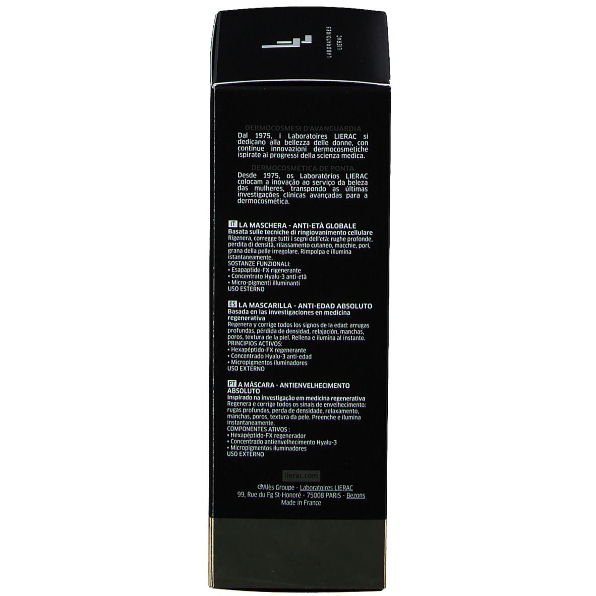 Schwarze Schachtel. Text in mehreren Sprachen. Aufschrift: LIERAC. Text: LA MASCARILLA ANTI-EDAD ABSOLUTO.