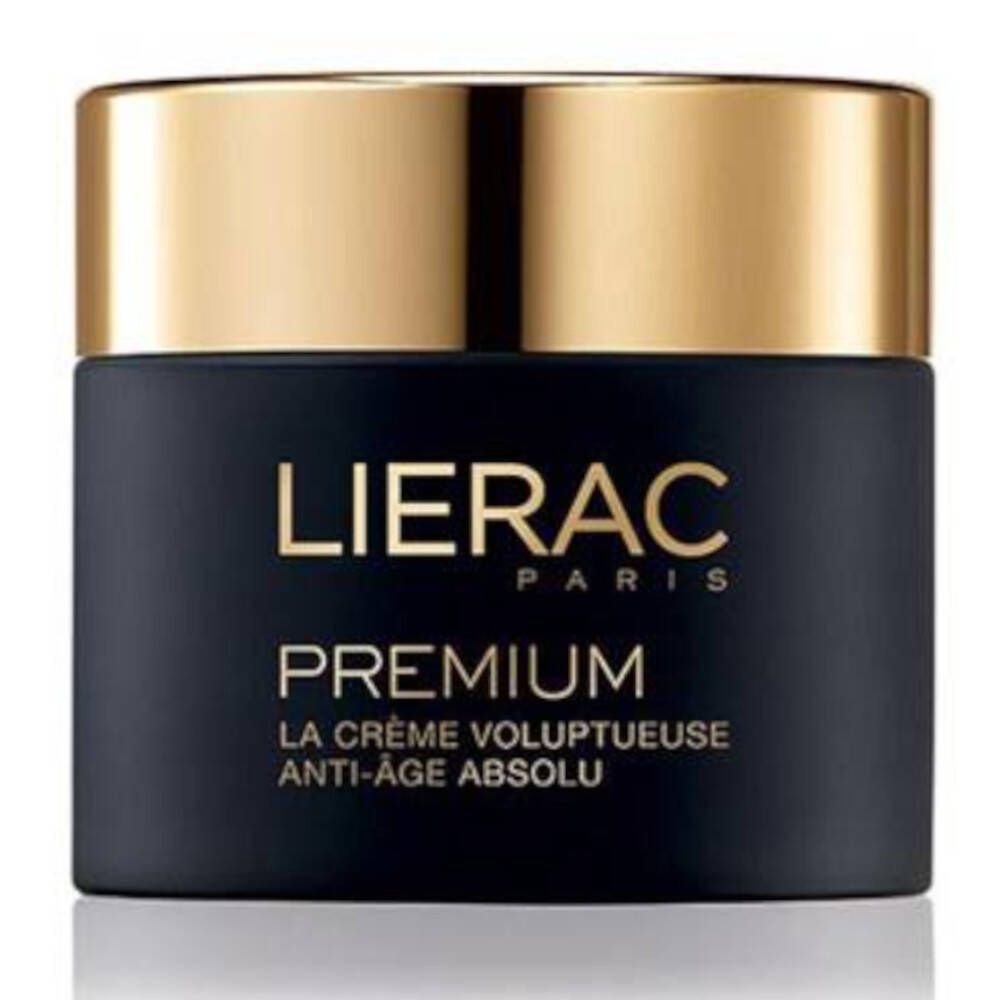 Donkerblauwe crèmepot met gouden deksel. Opschrift: LIERAC PARIS PREMIUM. Tekst: LA CRÈME VOLUPTUEUSE ANTI-ÂGE ABSOLU.