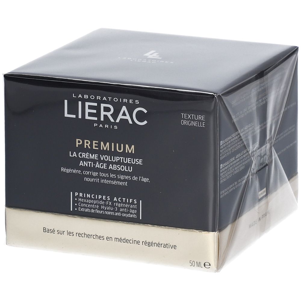 Verpakking met crème. Zwarte doos met gouden bodem. Opschrift: LIERAC PARIS PREMIUM. Tekst: LA CRÈME VOLUPTUEUSE ANTI-ÂGE ABSOLU.