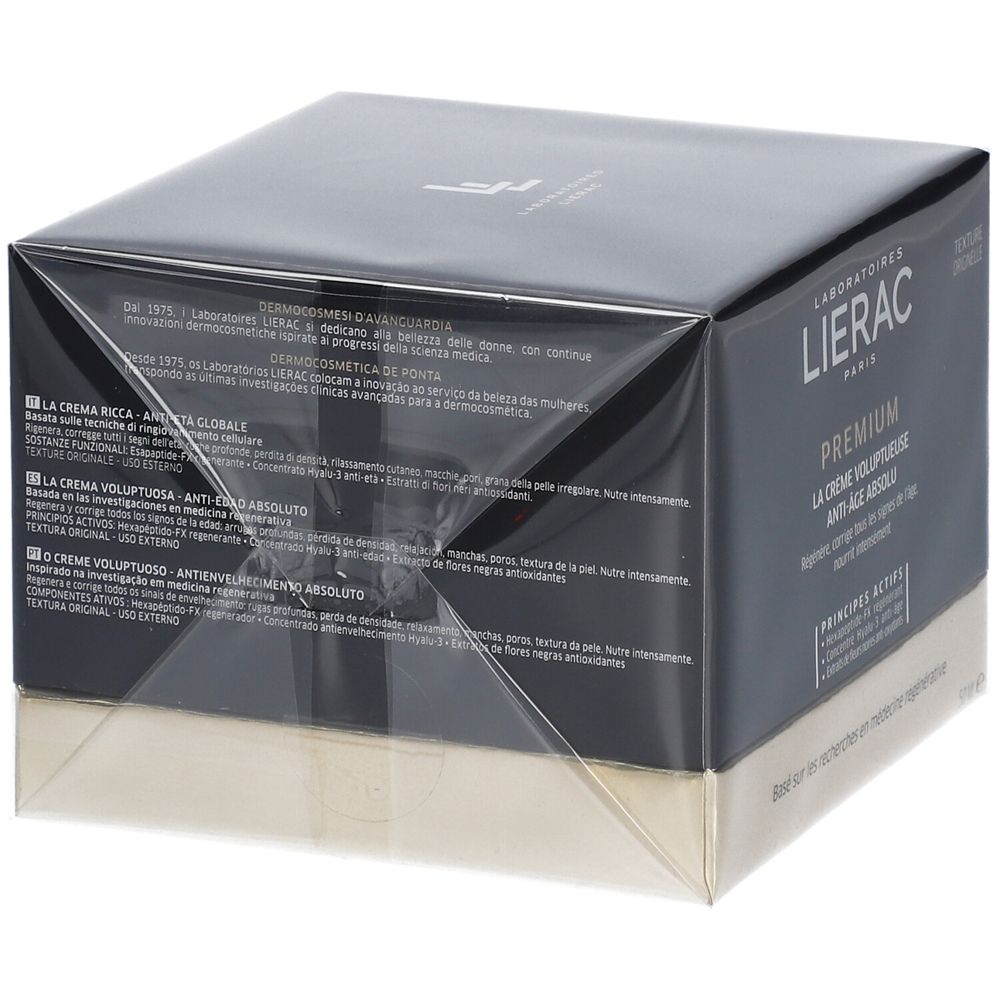 Verpakking met crème. Zwarte doos met gouden bodem. Opschrift: LIERAC PARIS PREMIUM. Tekst: LA CRÈME VOLUPTUEUSE ANTI-ÂGE ABSOLU.