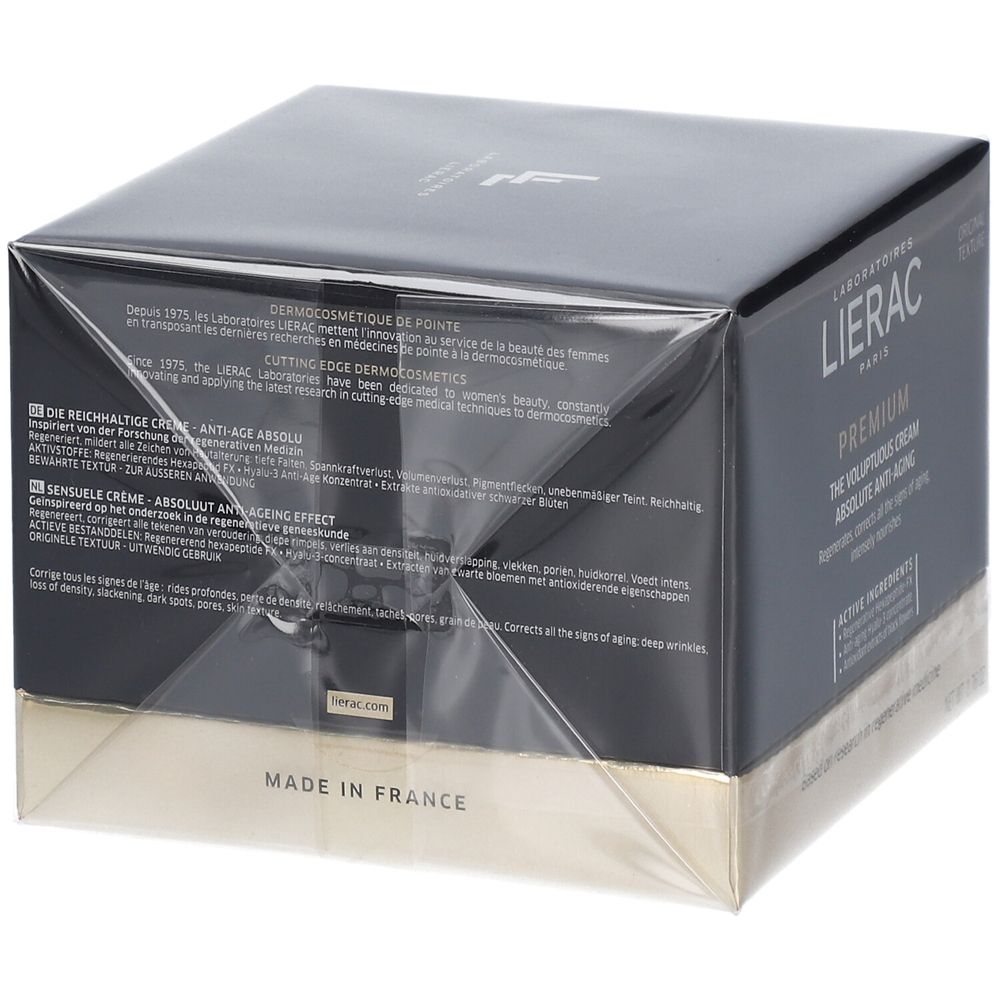 Verpakking met crème. Zwarte doos met gouden bodem. Opschrift: LIERAC PARIS PREMIUM. Tekst: LA CRÈME VOLUPTUEUSE ANTI-ÂGE ABSOLU.