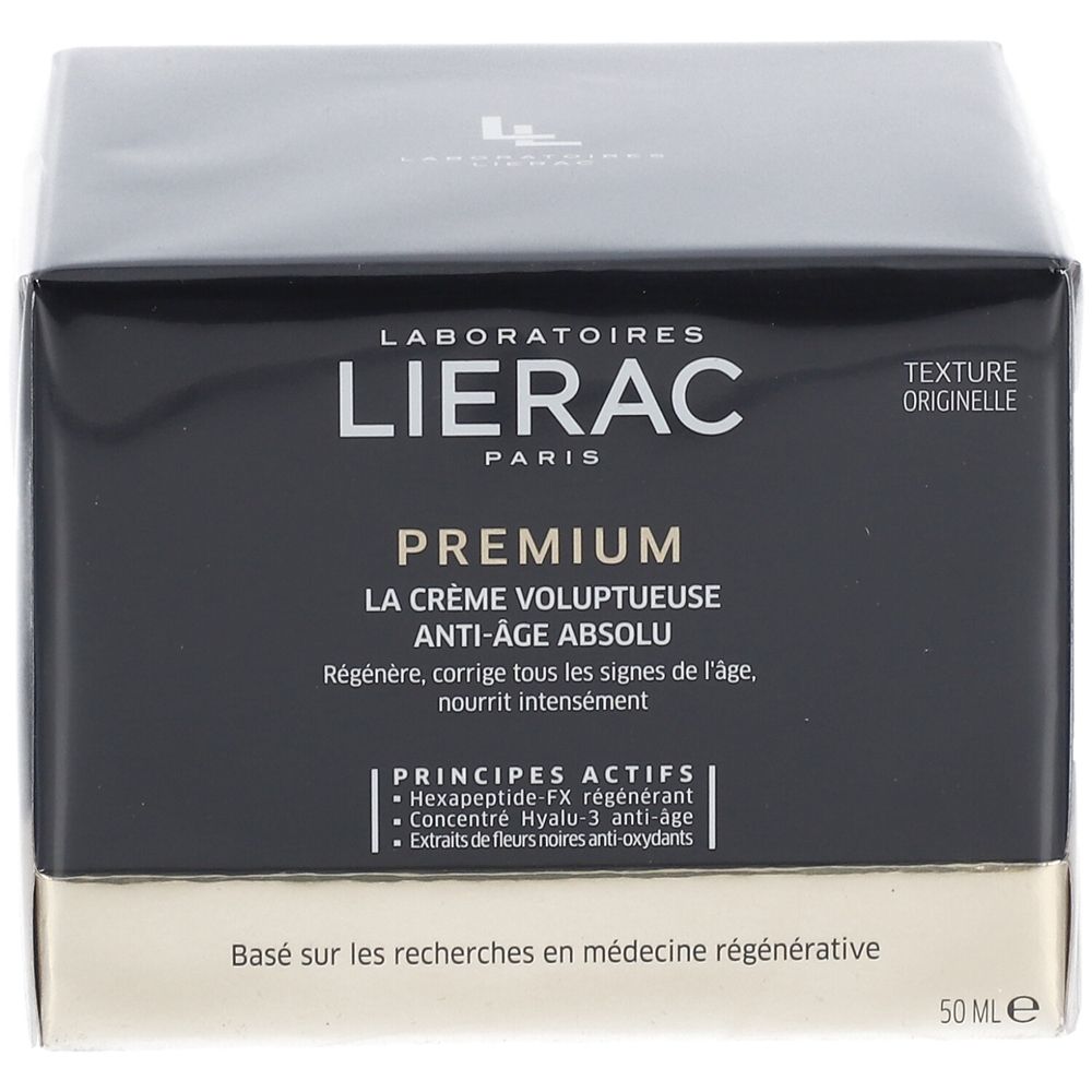 Verpakking met crème. Zwarte doos met gouden bodem. Opschrift: LIERAC PARIS PREMIUM. Tekst: LA CRÈME VOLUPTUEUSE ANTI-ÂGE ABSOLU.