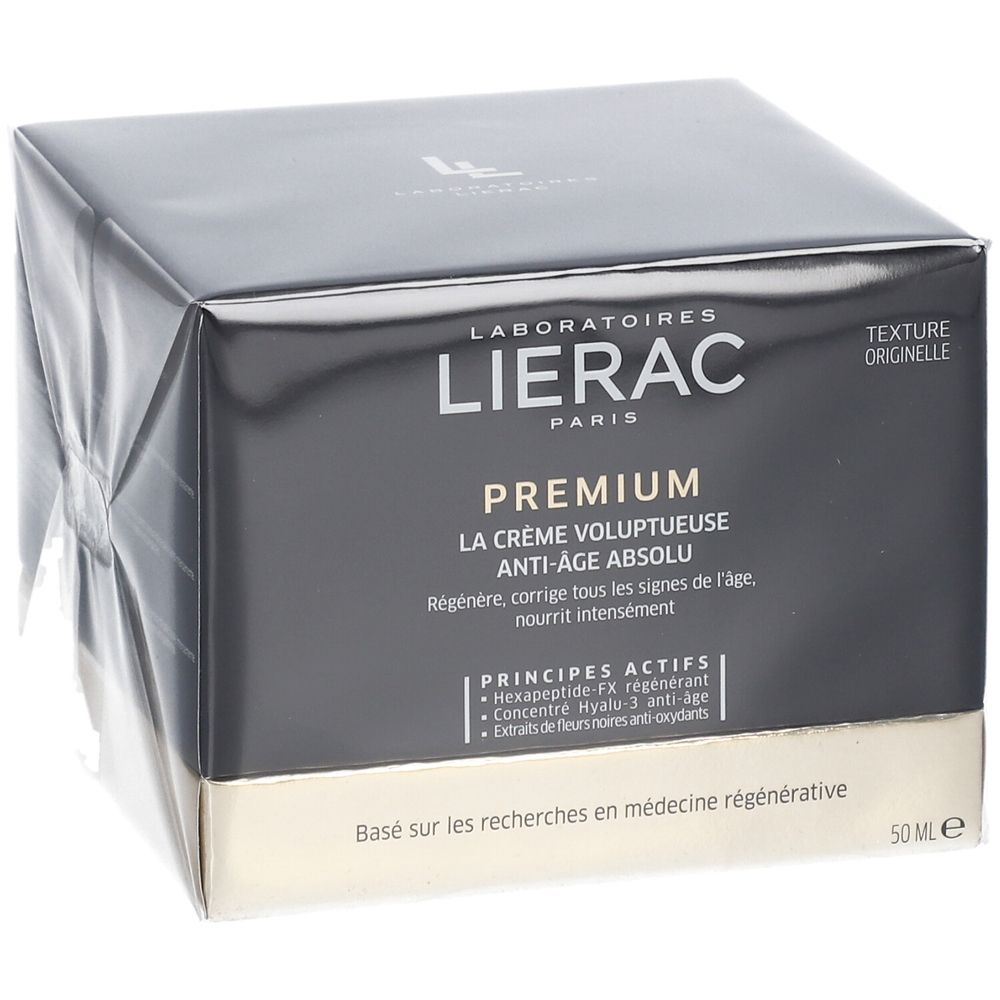 Verpakking met crème. Zwarte doos met gouden bodem. Opschrift: LIERAC PARIS PREMIUM. Tekst: LA CRÈME VOLUPTUEUSE ANTI-ÂGE ABSOLU.