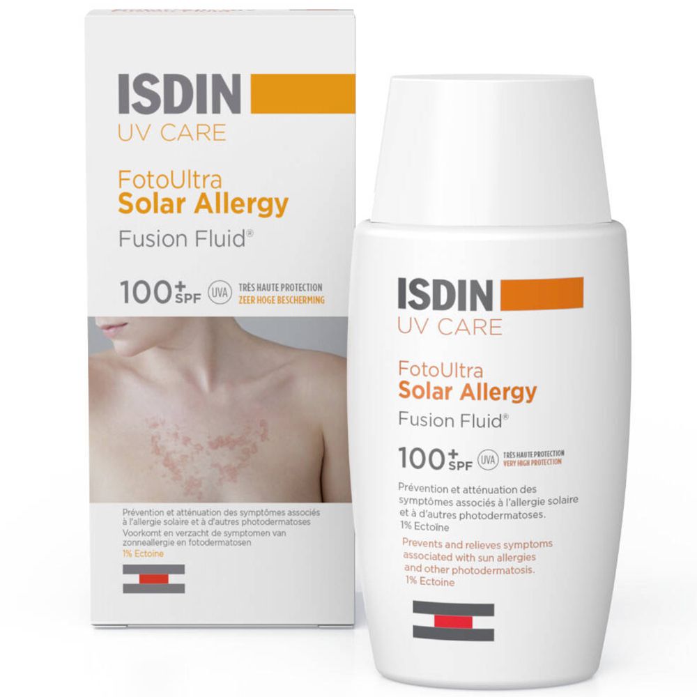Weiße Flasche und Schachtel mit Produktnamen und SPF 100. Abbildung einer Haut mit Sonnenallergie.