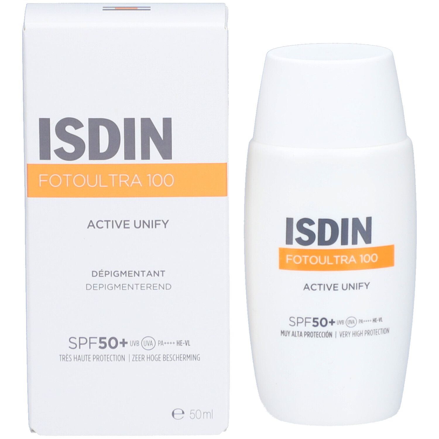 Emballage du produit avec flacon et boîte. ISDIN, FOTOUTRA 100, ACTIVE UNIFY, SPF50+. 50ml.