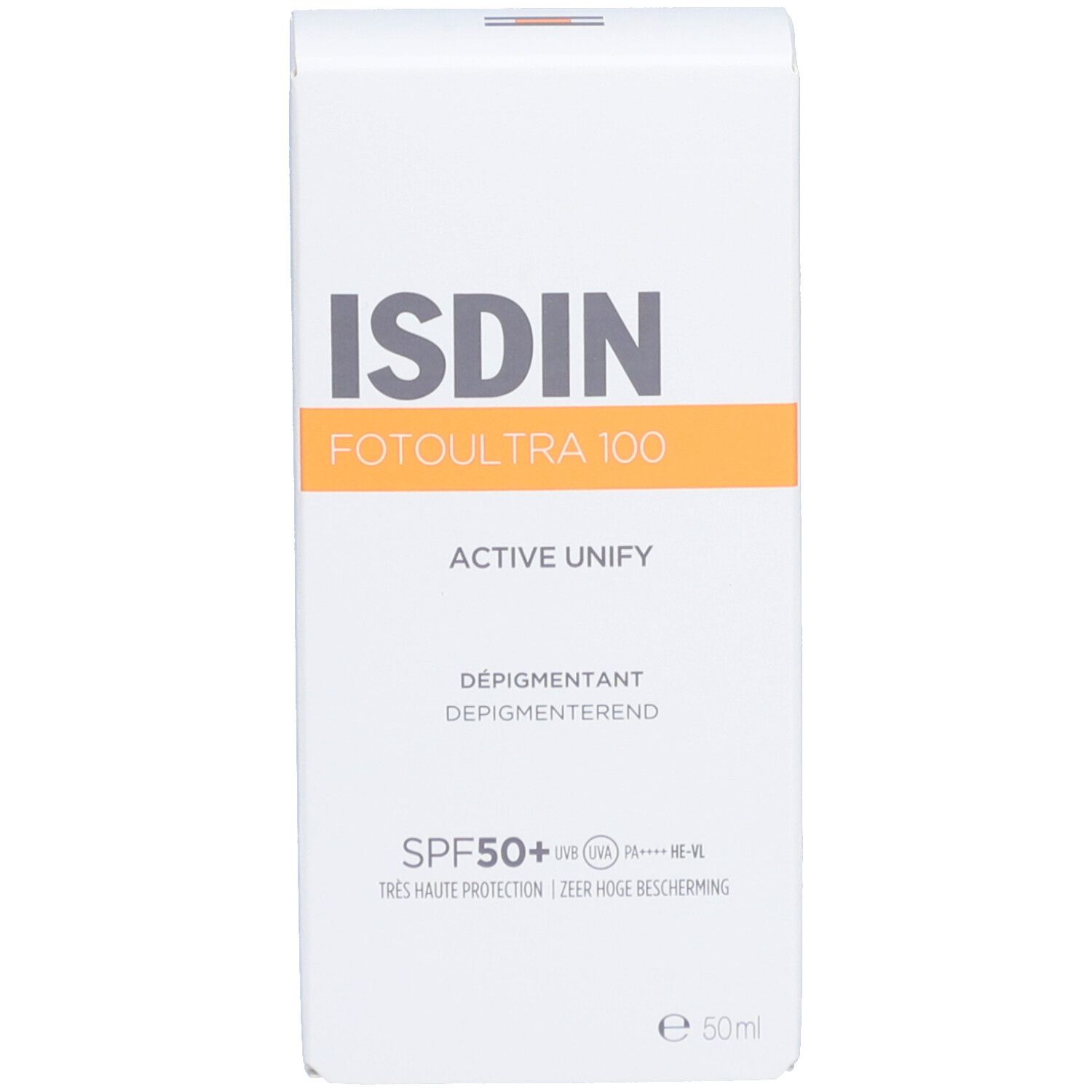Emballage blanc du produit. ISDIN, FOTOUTRA 100, ACTIVE UNIFY, SPF50+. 50ml.