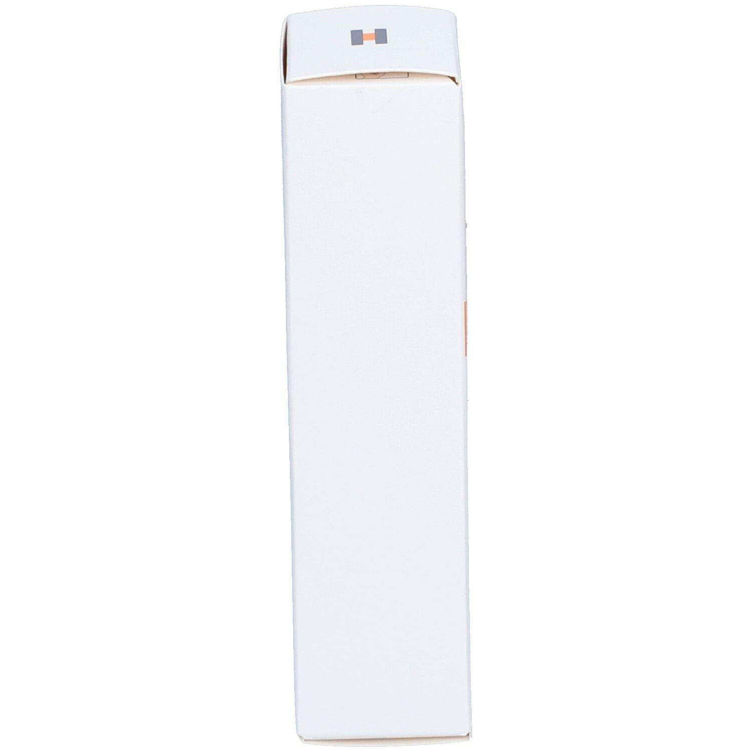 Emballage produit blanc et étroit. Dessus avec bande orange et logo.