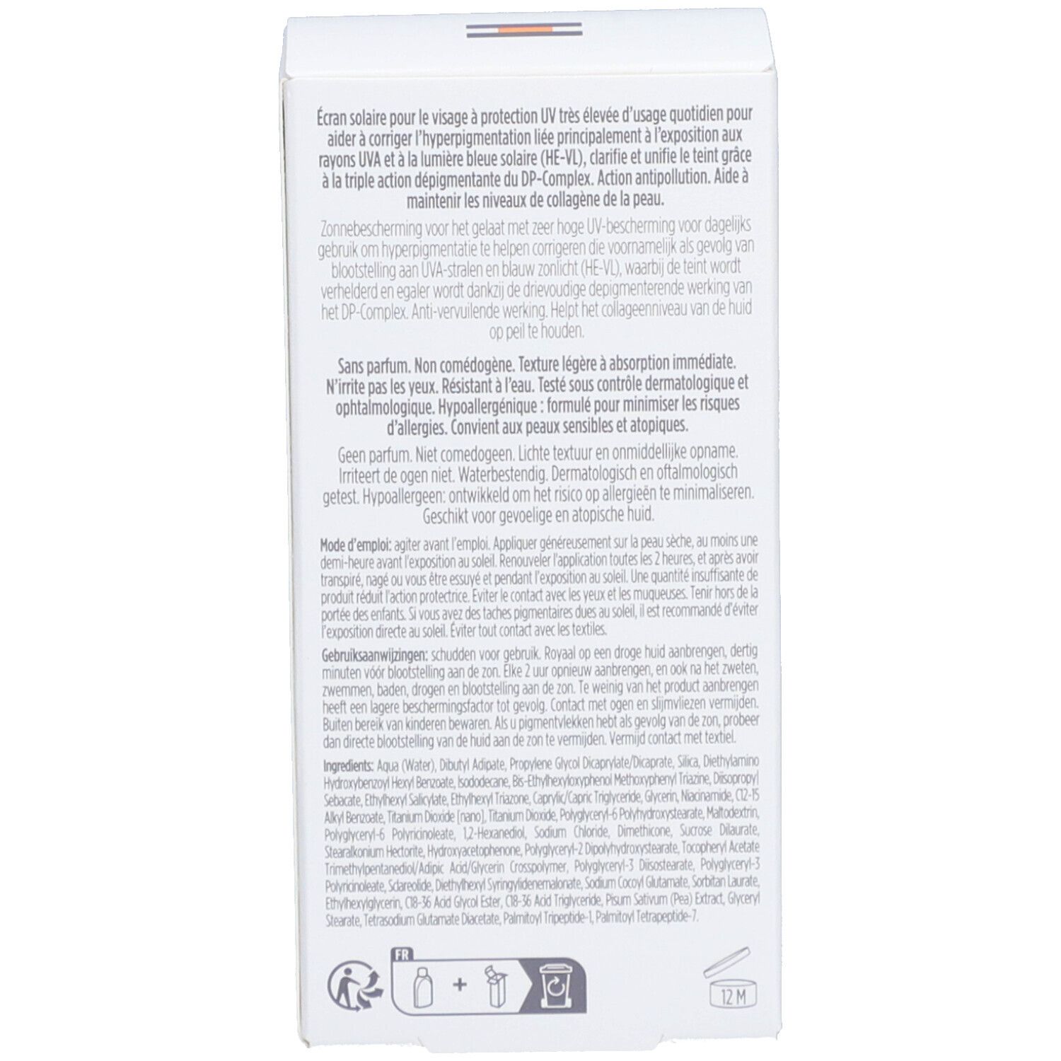 Dos de l'emballage du produit. Texte multilingue. Ingrédients et instructions d'utilisation.