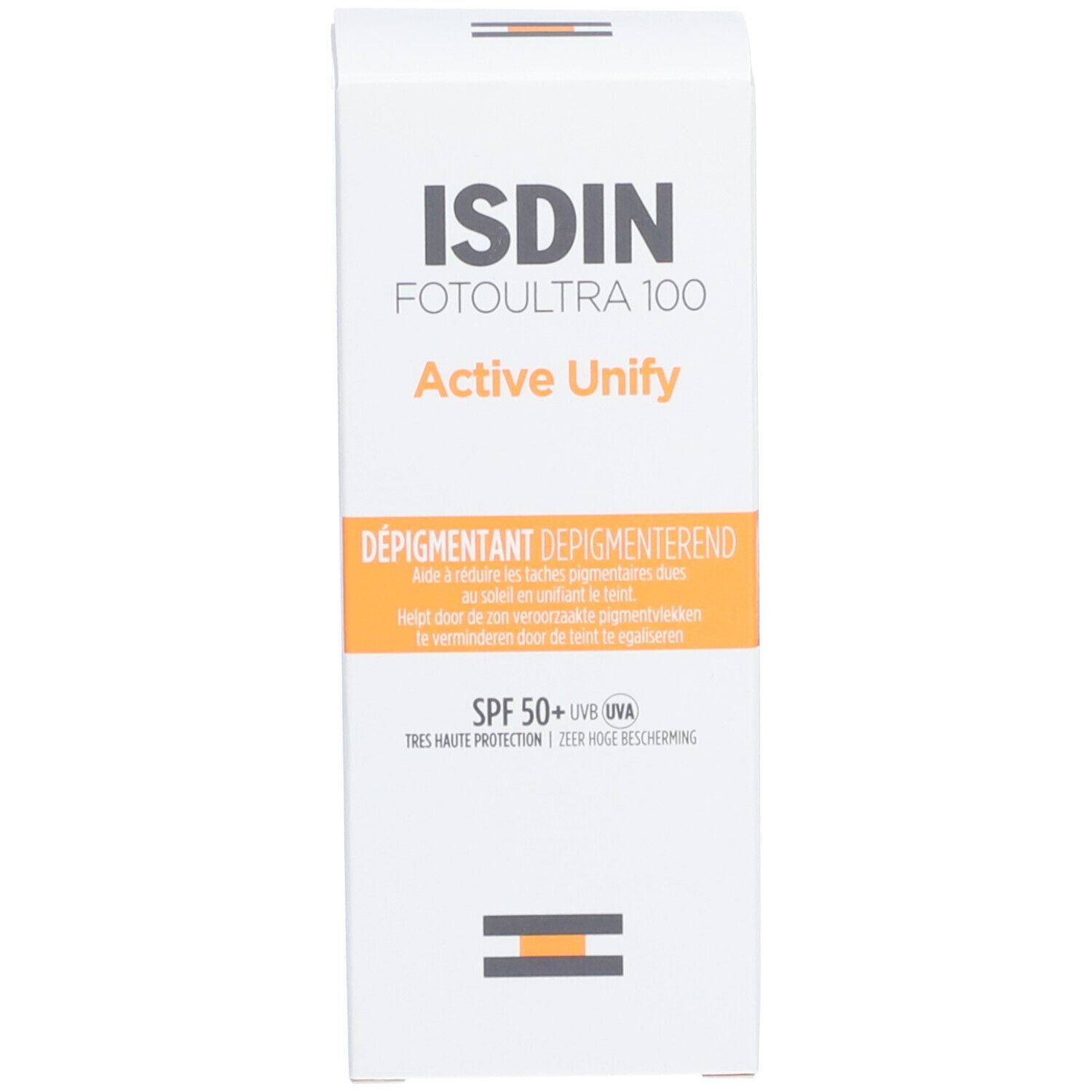 Emballage blanc du produit. ISDIN, FOTOUTRA 100, ACTIVE UNIFY, SPF50+. Dépigmentant.