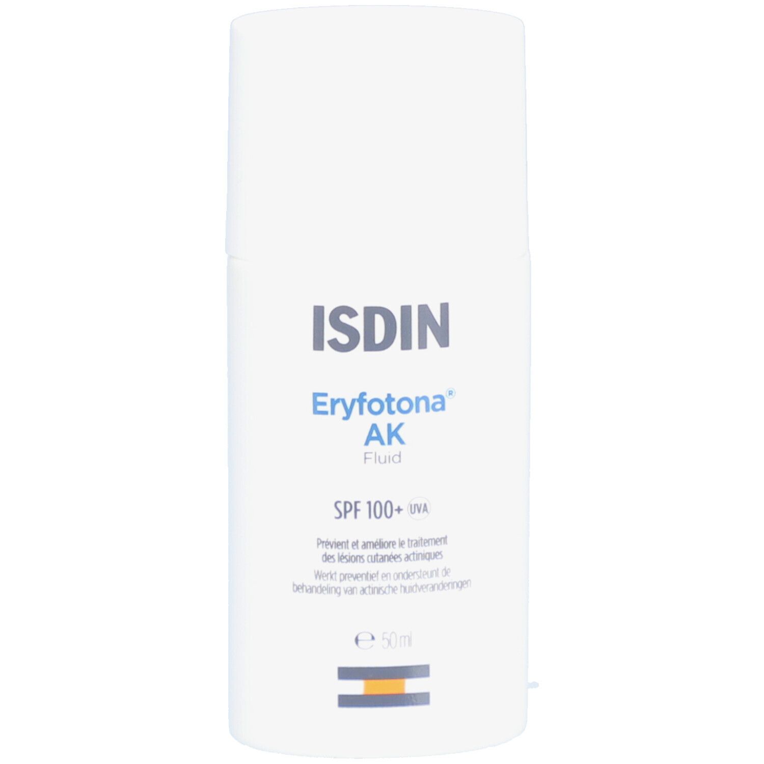 Weiße Flasche mit ISDIN Eryfotona AK Fluid SPF100. Text in Blau. 50 ml.  