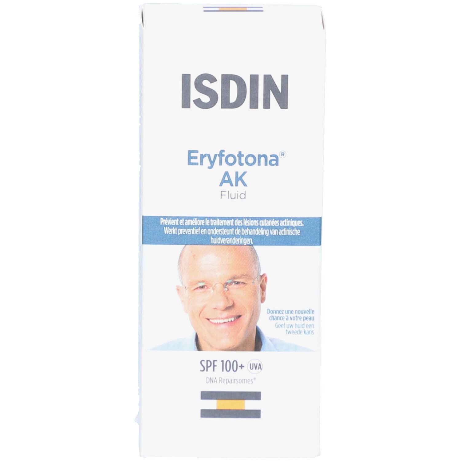 Produktverpackung. ISDIN Eryfotona AK Fluid SPF100. Abbildung eines Mannes. 