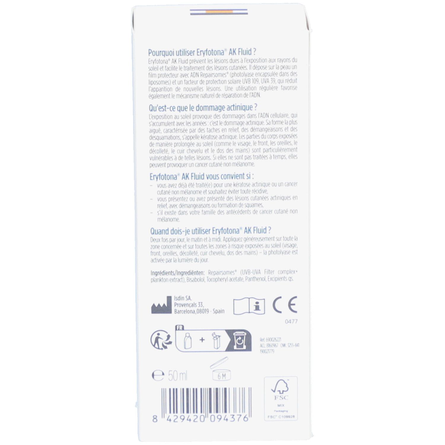Produktverpackung. Text in Französisch. Informationen zur Anwendung und Inhaltsstoffen. CE-Zeichen. 