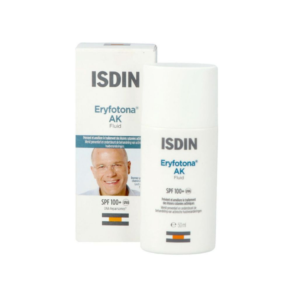 Verpakking en fles. ISDIN Eryfotona AK Fluid SPF100. Afbeelding van een man.