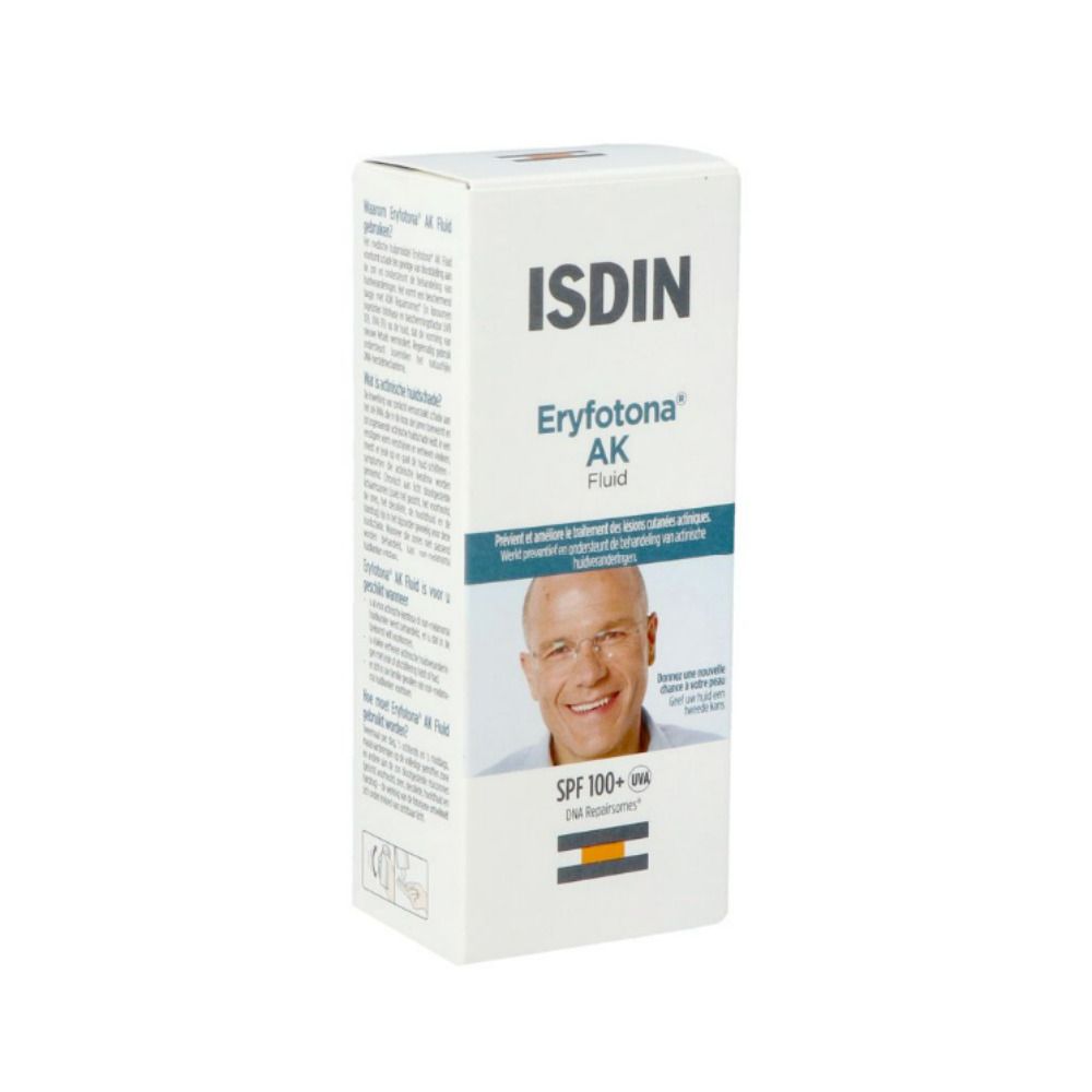 Productverpakking. ISDIN Eryfotona AK Fluid SPF100. Afbeelding van een man.