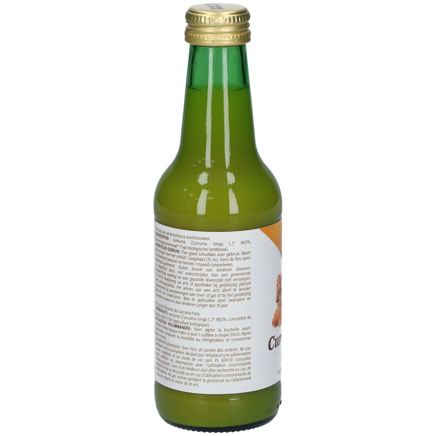 Dos de la bouteille en verre vert. Informations textuelles sur une étiquette blanche.