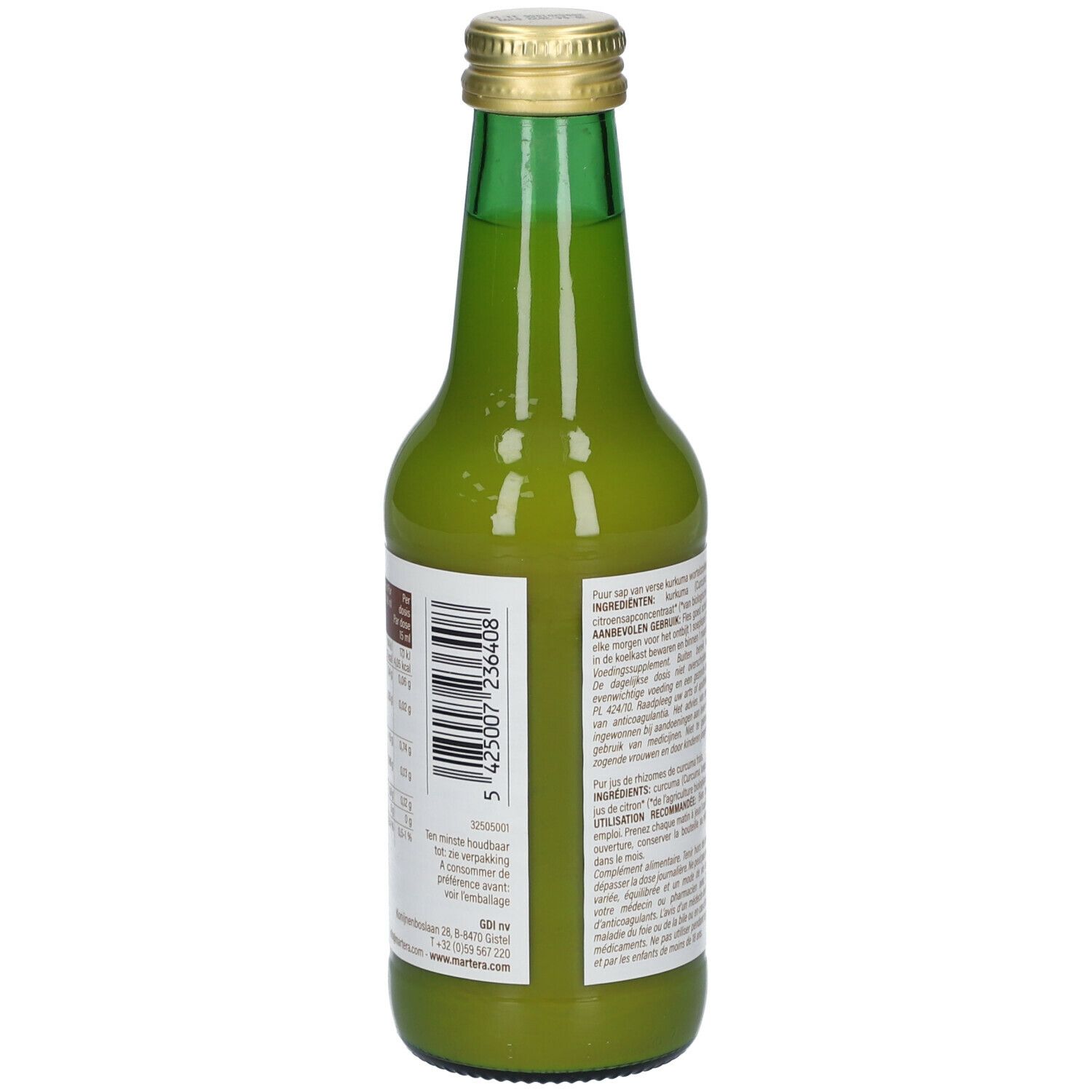 Dos de la bouteille en verre vert. Code-barres et informations textuelles sur étiquette blanche.