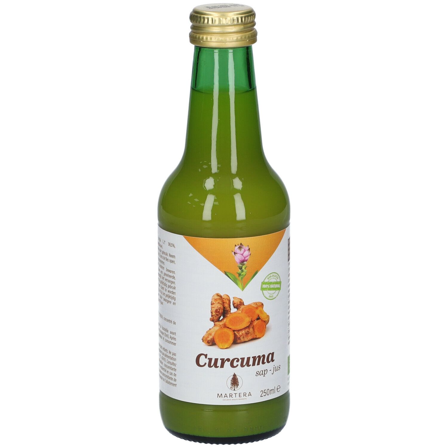 Bouteille en verre vert avec bouchon doré. Étiquette avec image de curcuma et texte.