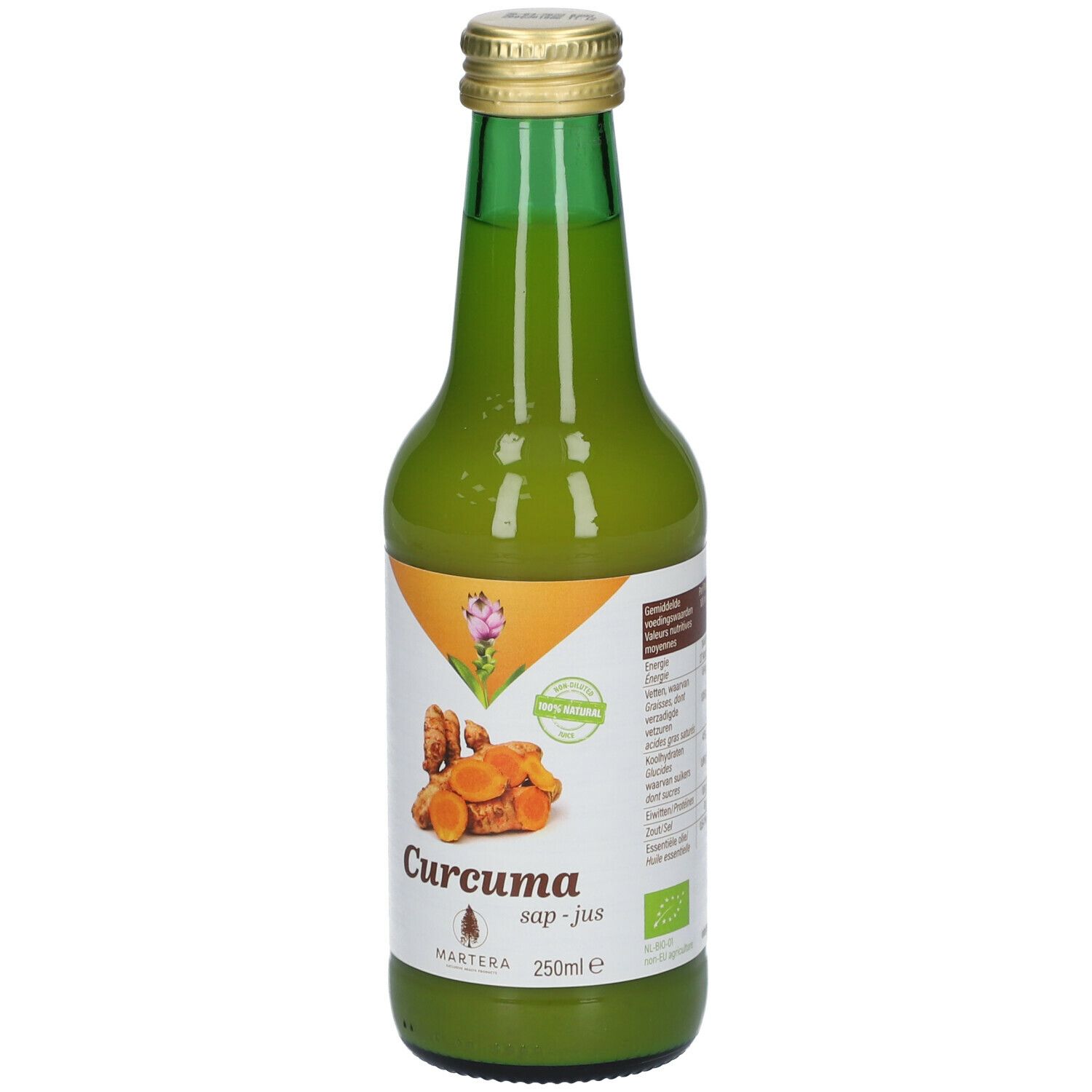 Bouteille en verre vert avec bouchon doré. Étiquette avec image de curcuma et texte.
