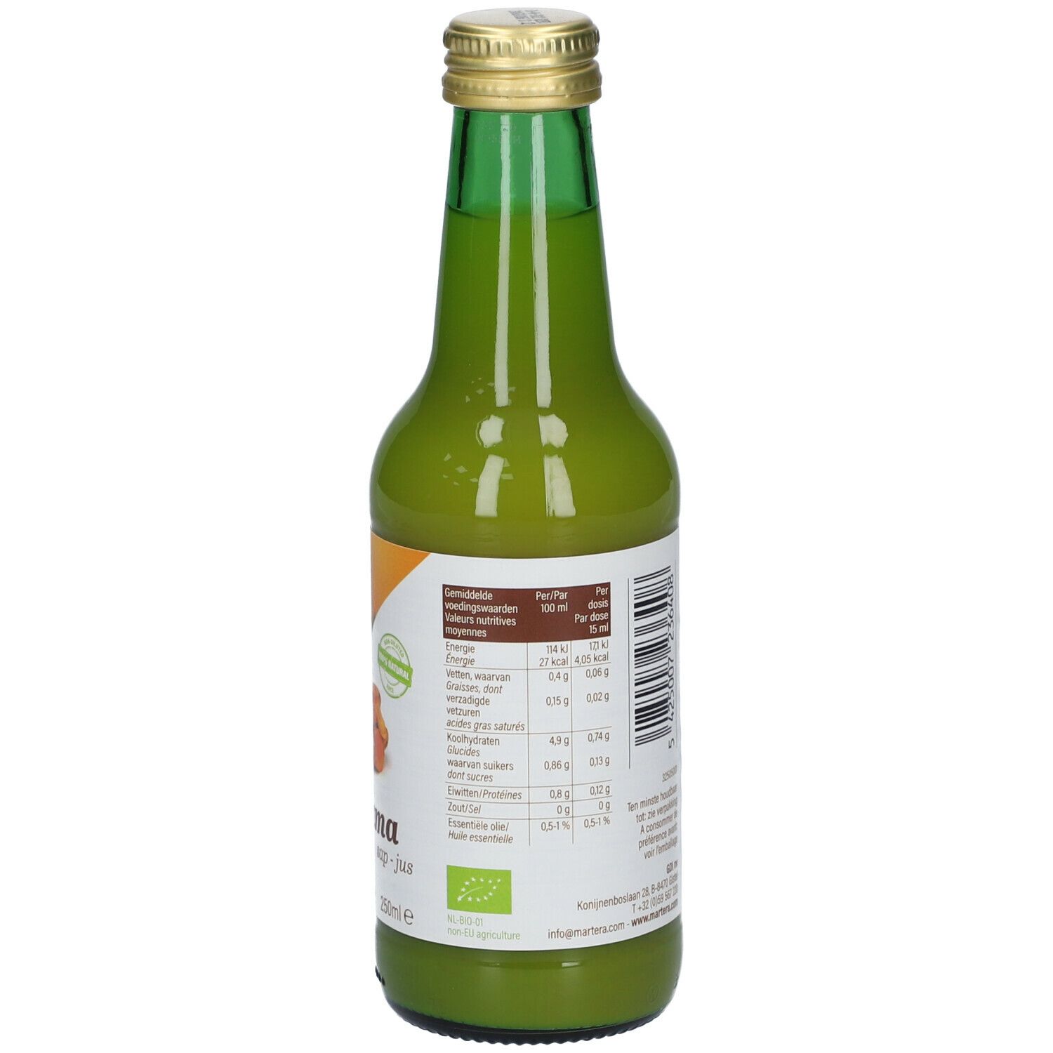 Dos de la bouteille en verre vert. Informations nutritionnelles sur étiquette blanche.