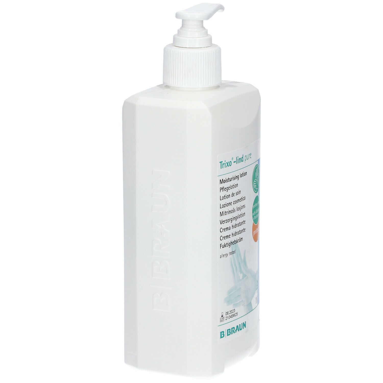 Flacon de lotion blanc avec pompe doseuse. Inscription : Trixo-lind pure. Logo B. Braun. Forme carrée avec bords arrondis.